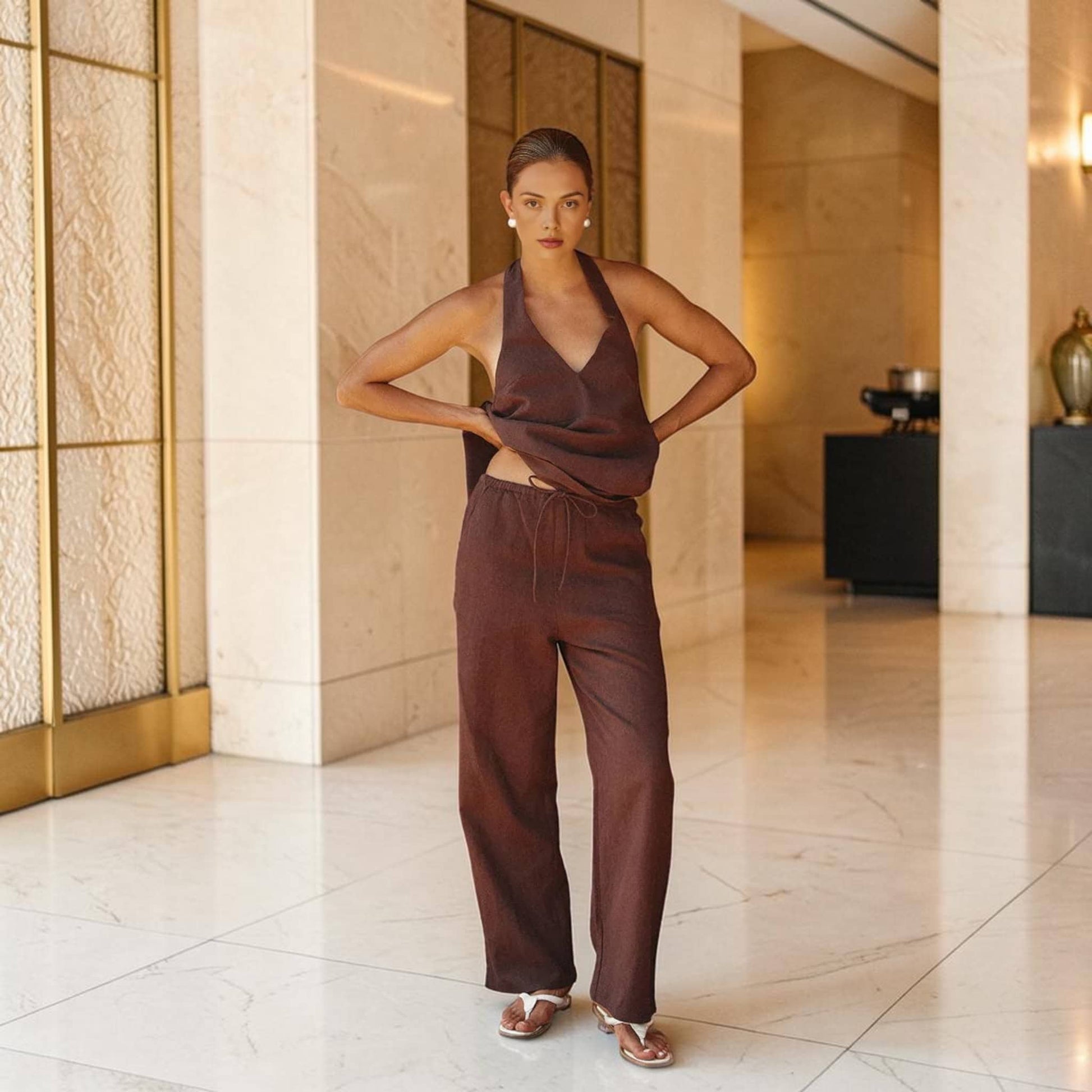 Linen Pants Set, Back Tie Halter Top And Straight-Leg Pants