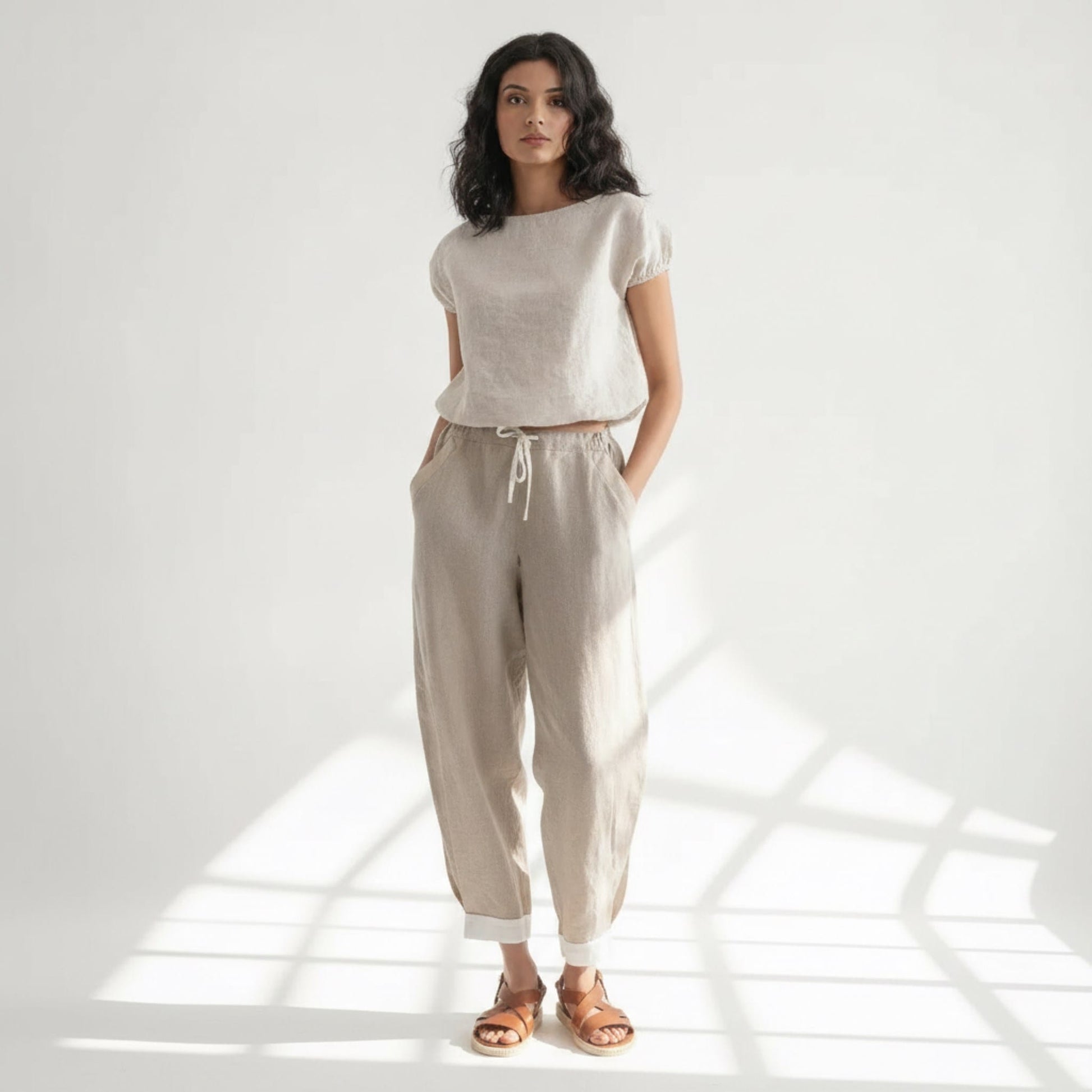 Linen Pants Set, Blouson Crop Top And Drawstring Pants