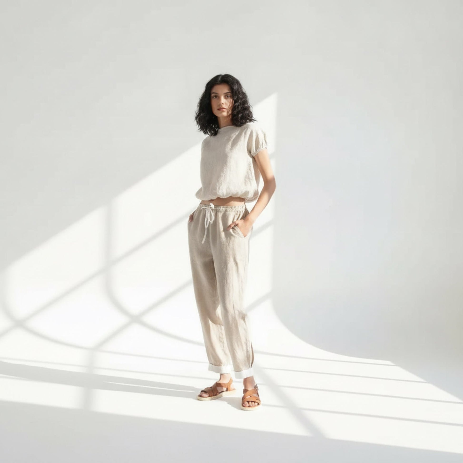 Linen Pants Set, Blouson Crop Top And Drawstring Pants