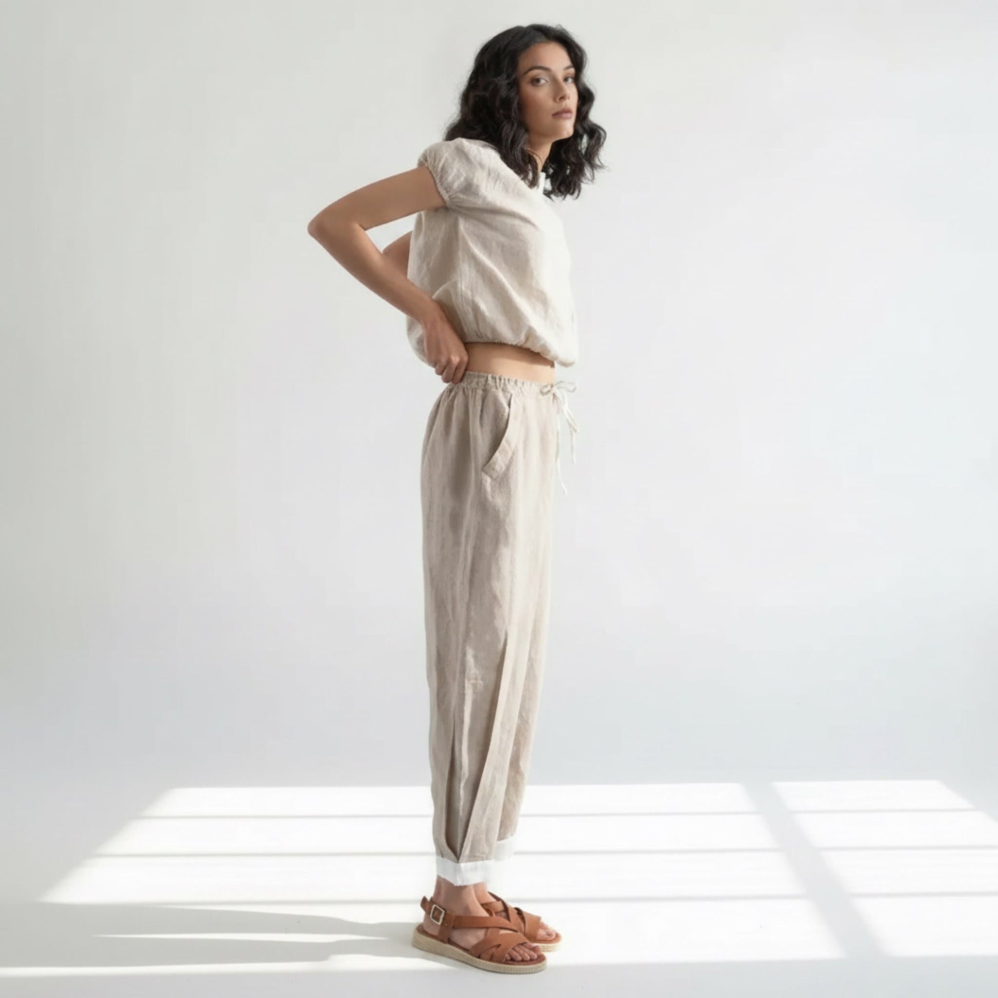 Linen Pants Set, Blouson Crop Top And Drawstring Pants