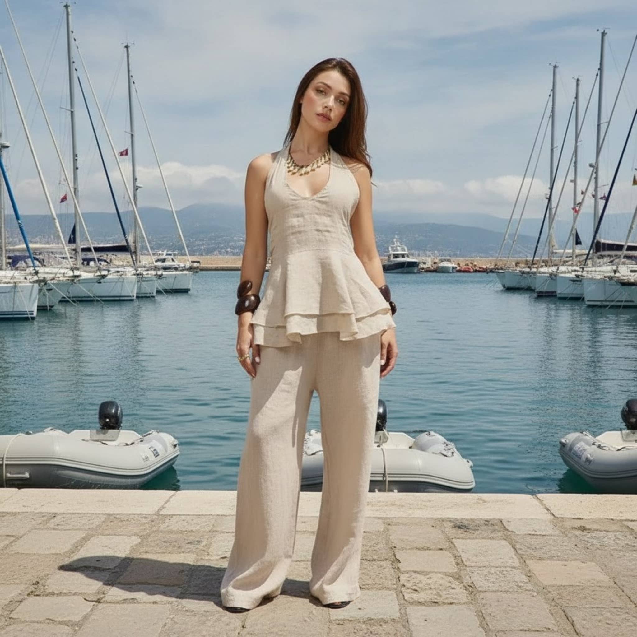Linen Pants Set, Halter Peplum Top And Wide Leg Pants