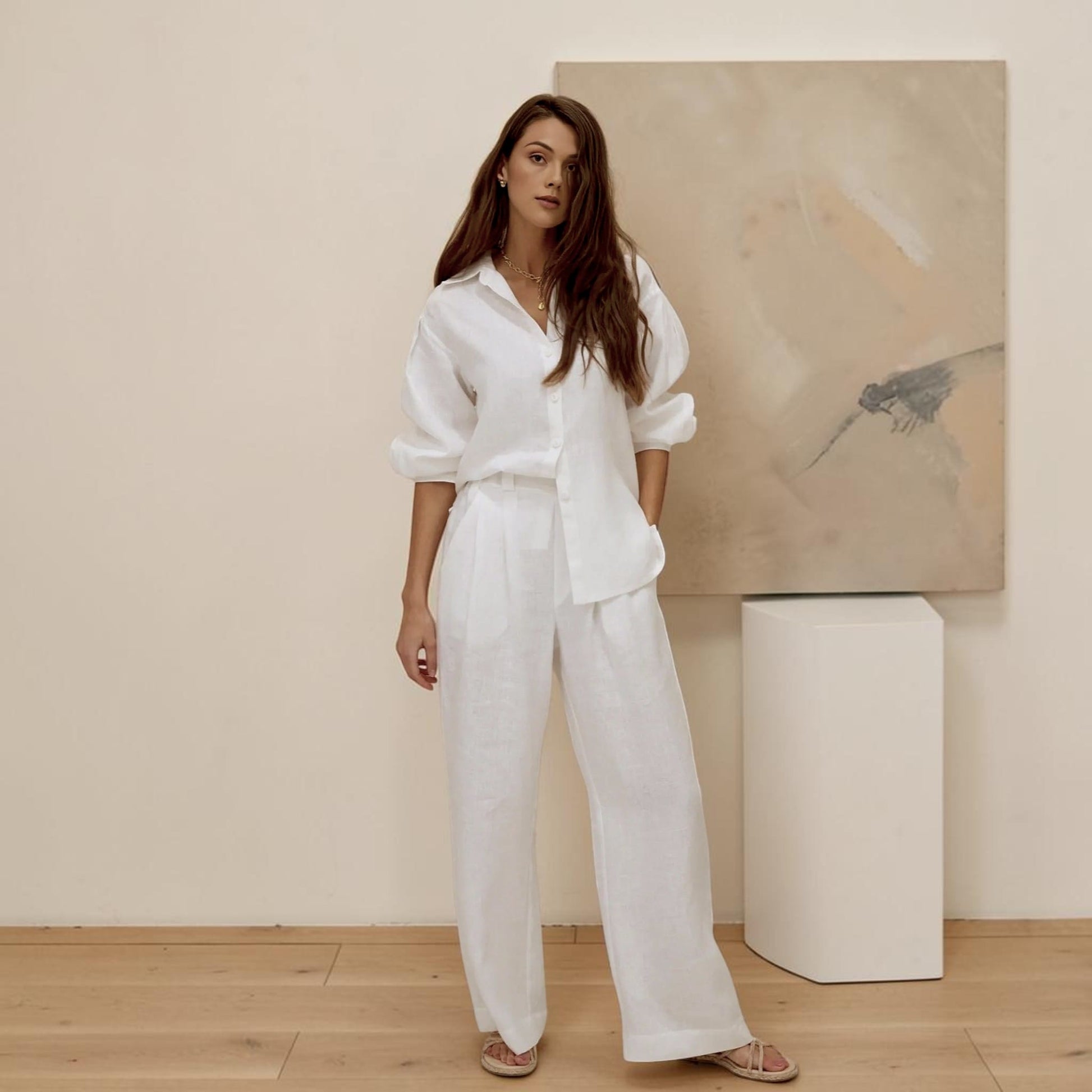 Linen Pants Set, Long Sleeve Oversized Shirt And Elastic Waist Pants