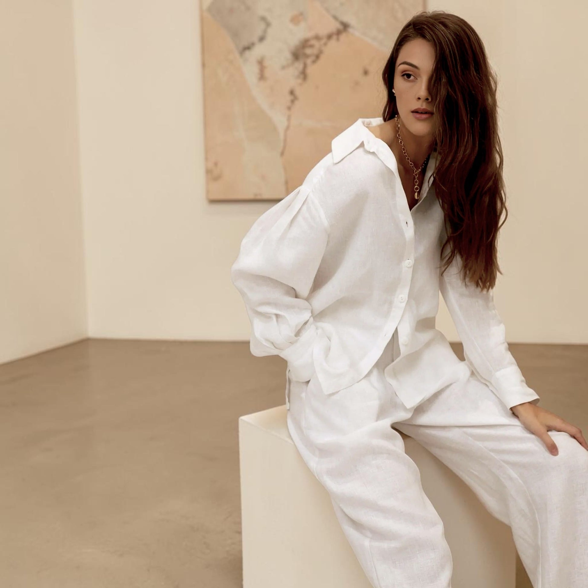 Linen Pants Set, Long Sleeve Oversized Shirt And Elastic Waist Pants