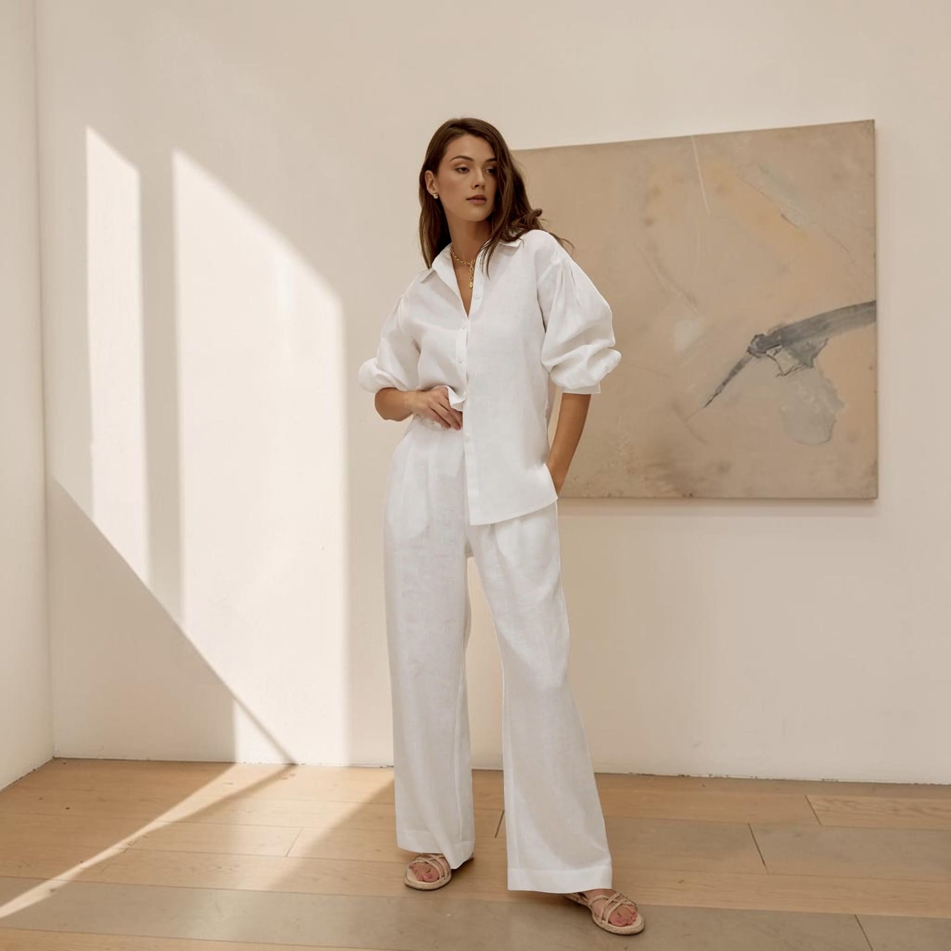 Linen Pants Set, Long Sleeve Oversized Shirt And Elastic Waist Pants