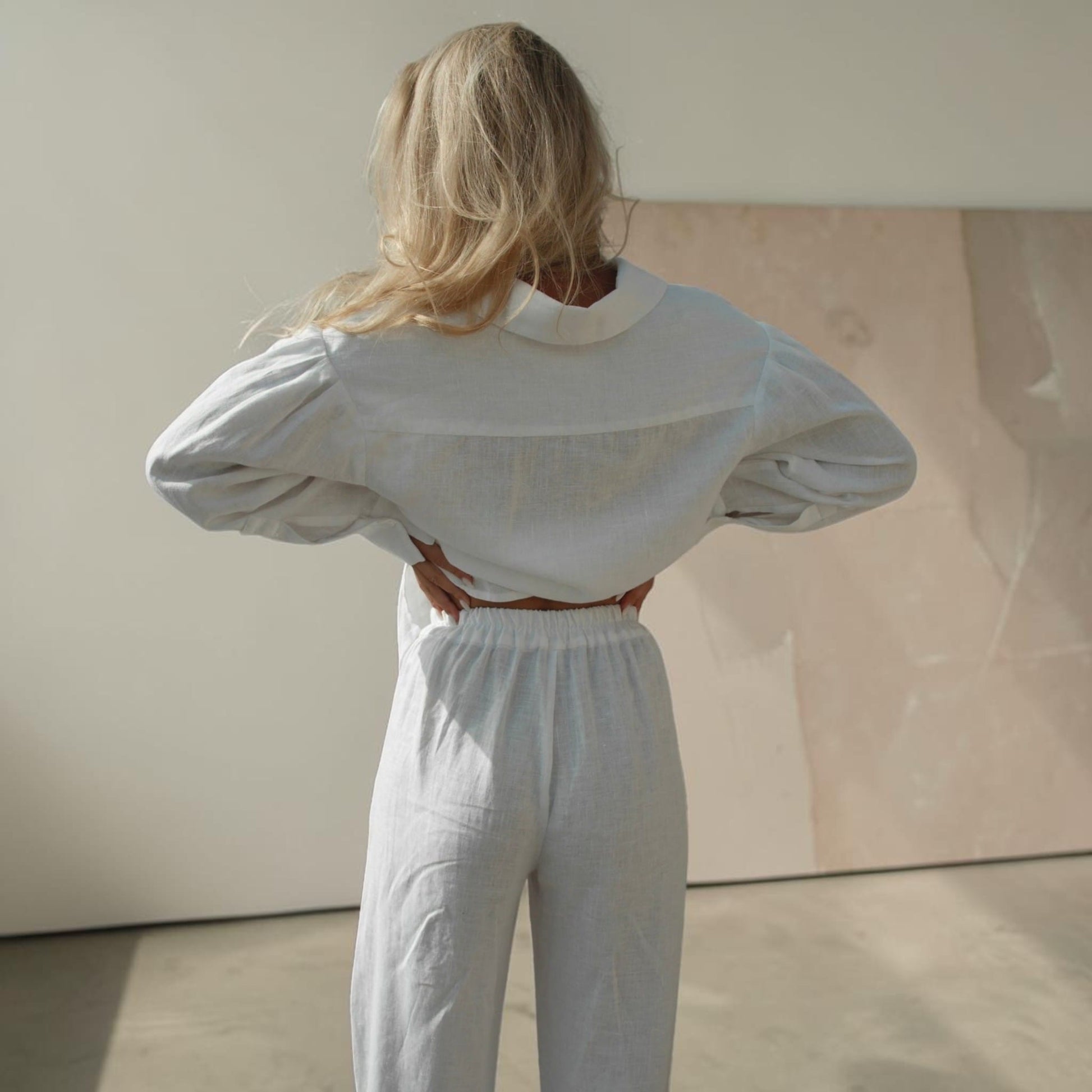 Linen Pants Set, Long Sleeve Oversized Shirt And Elastic Waist Pants