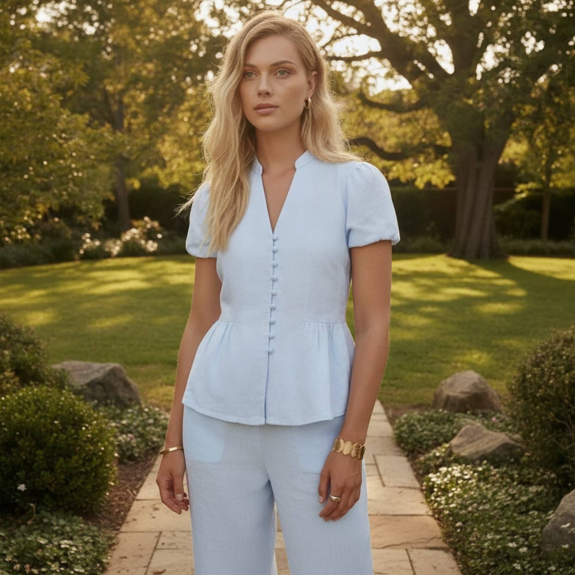 Linen Pants Set, Puff Sleeve Linen Peplum Top And Wide Leg Pants