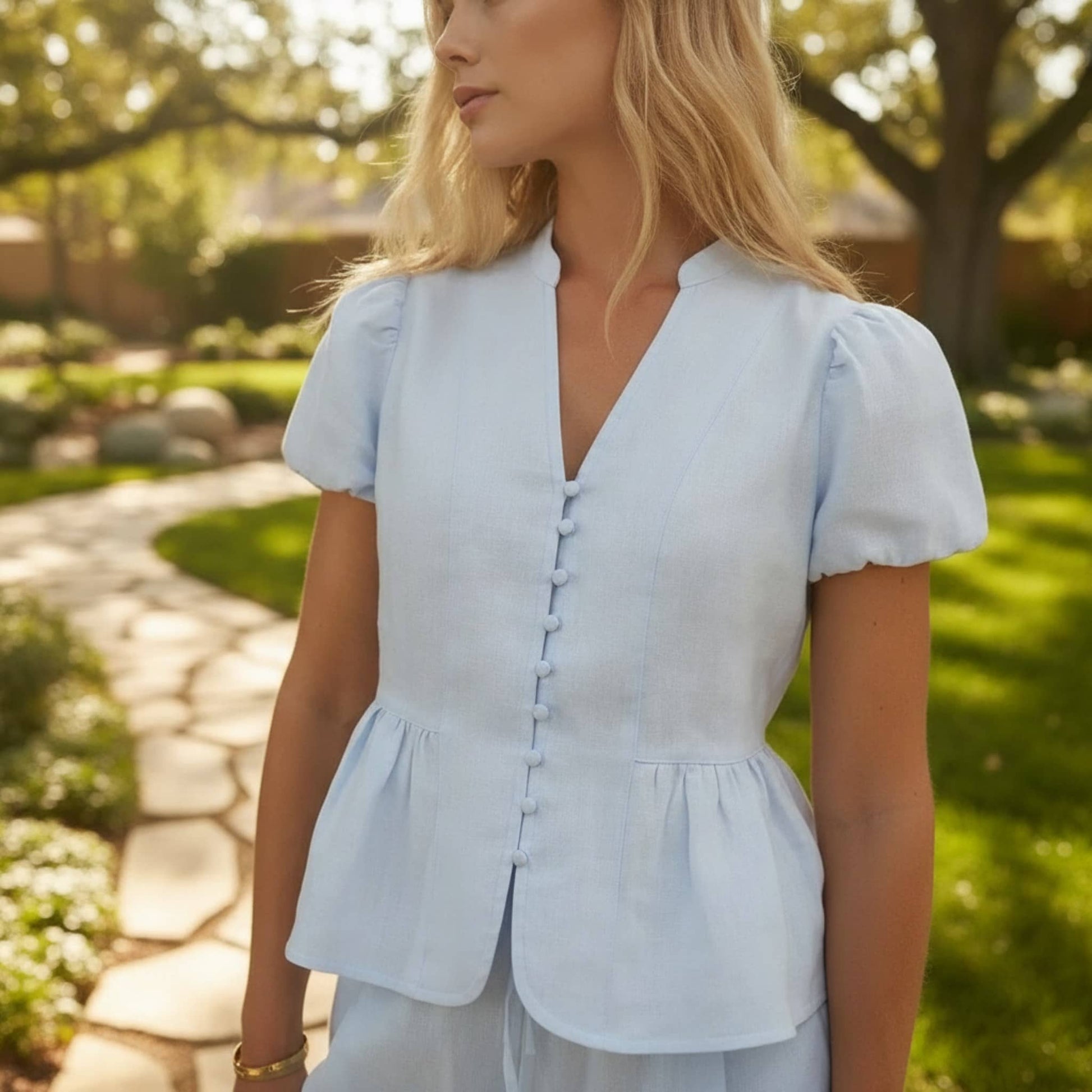Linen Pants Set, Puff Sleeve Linen Peplum Top And Wide Leg Pants