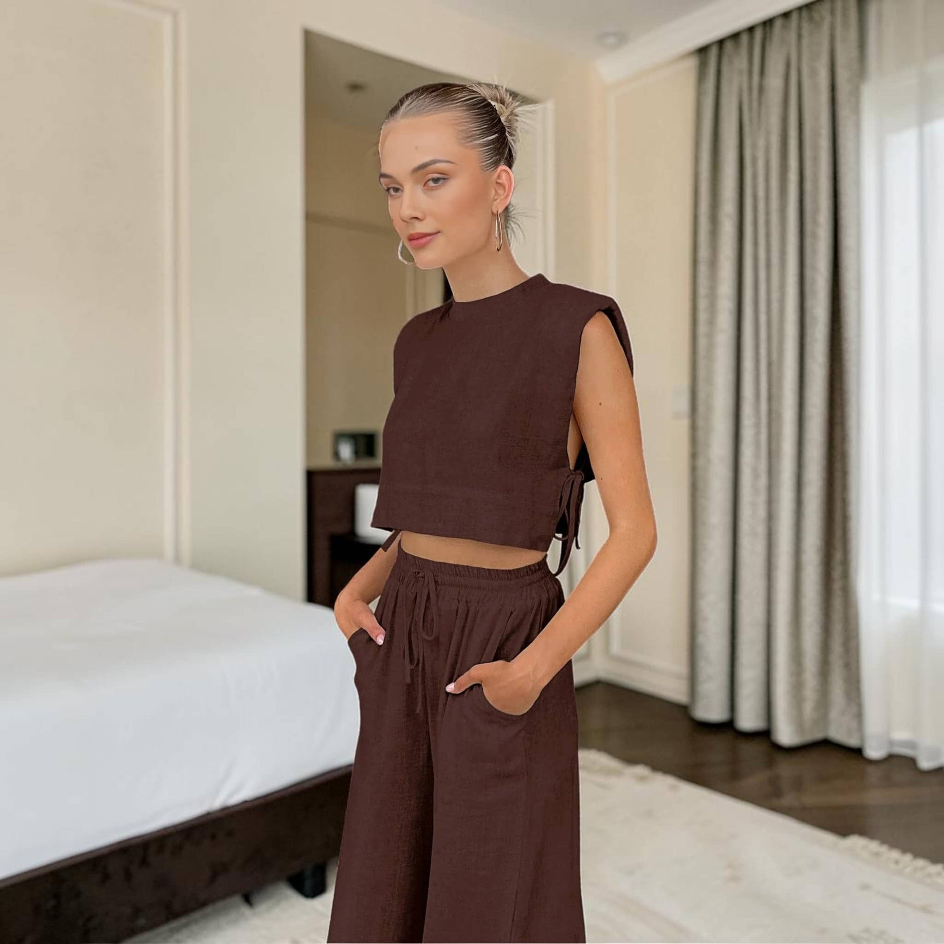 Linen Pants Set, Side Tie Crop Top and Wide Leg Pants