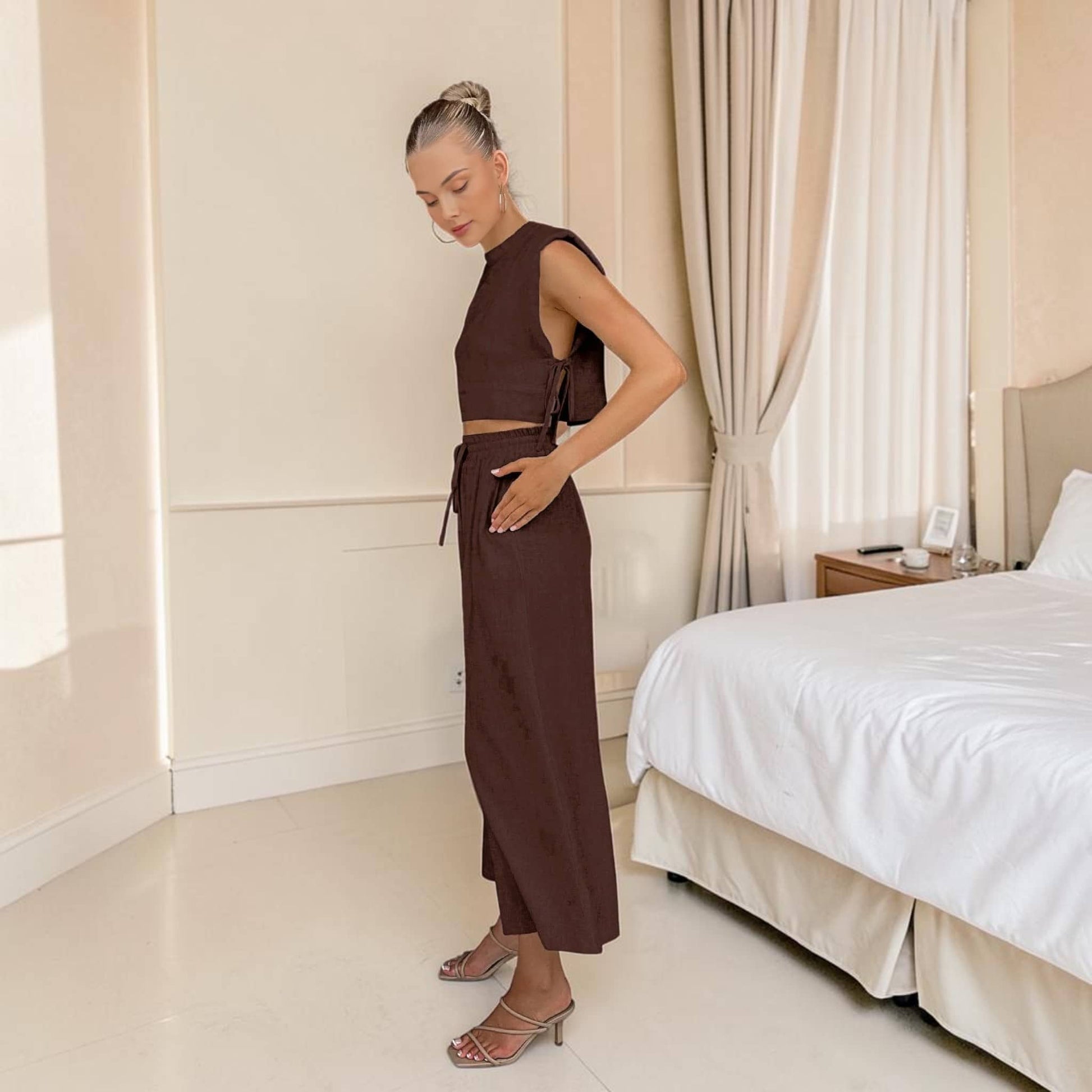 Linen Pants Set, Side Tie Crop Top and Wide Leg Pants