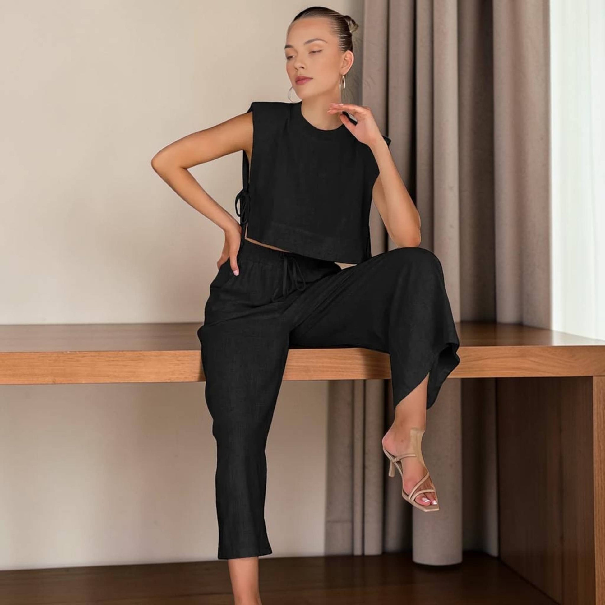 Linen Pants Set, Side Tie Crop Top and Wide Leg Pants