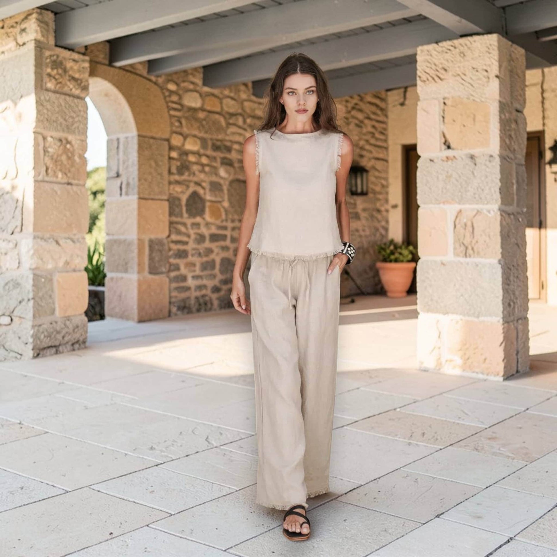 Linen Pants Set, Sleeveless Linen Top And Pants Set