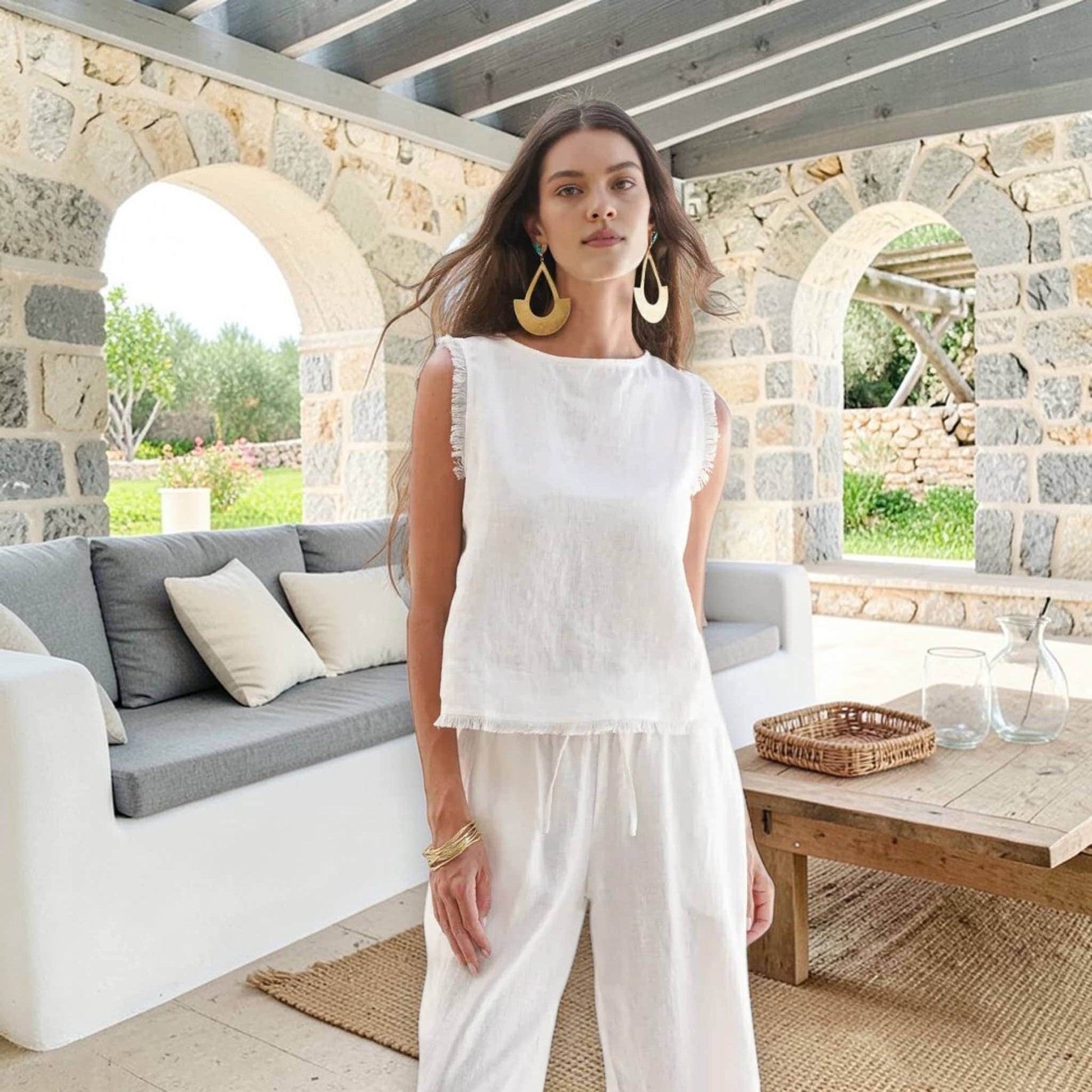 Linen Pants Set, Sleeveless Linen Top And Pants Set