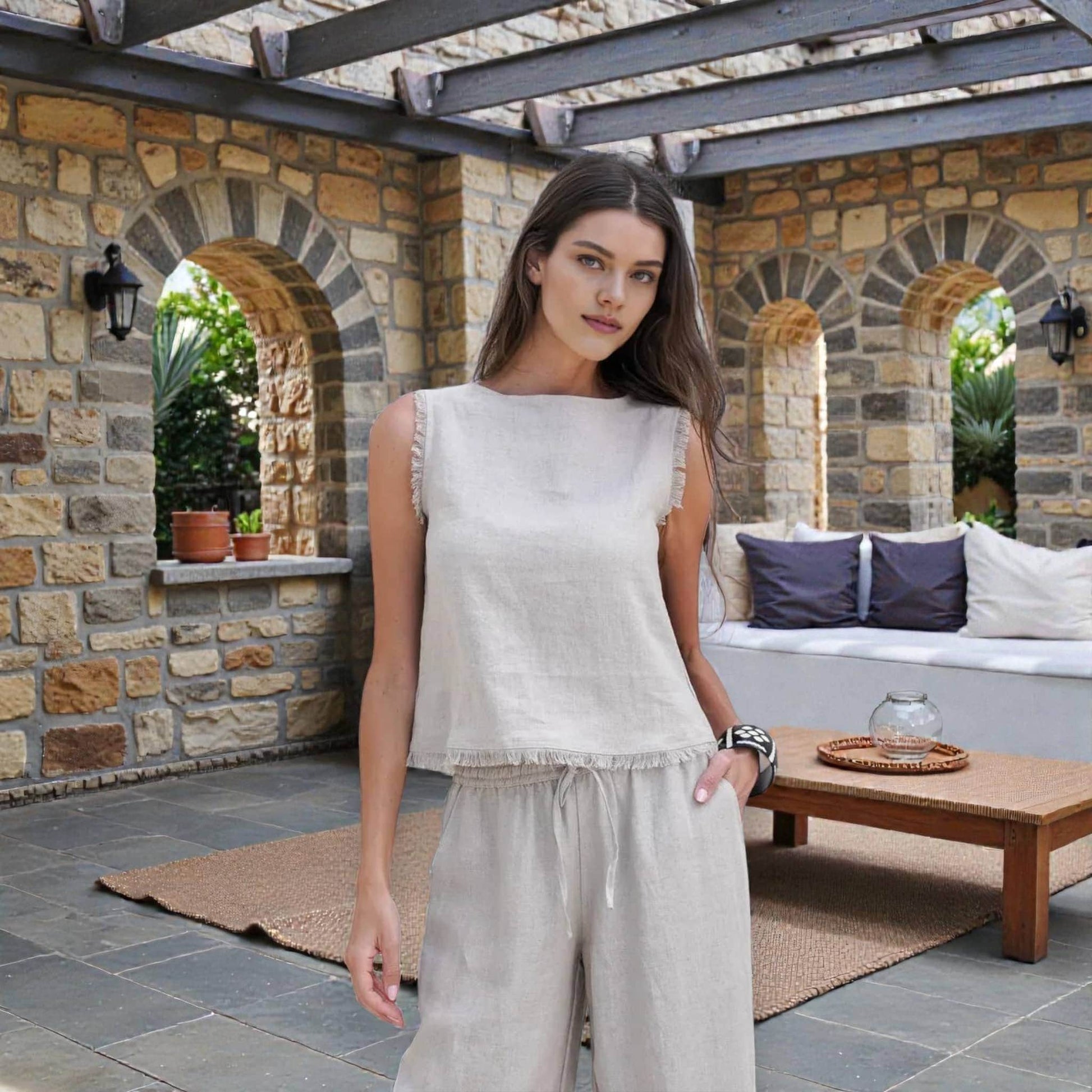Linen Pants Set, Sleeveless Linen Top And Pants Set