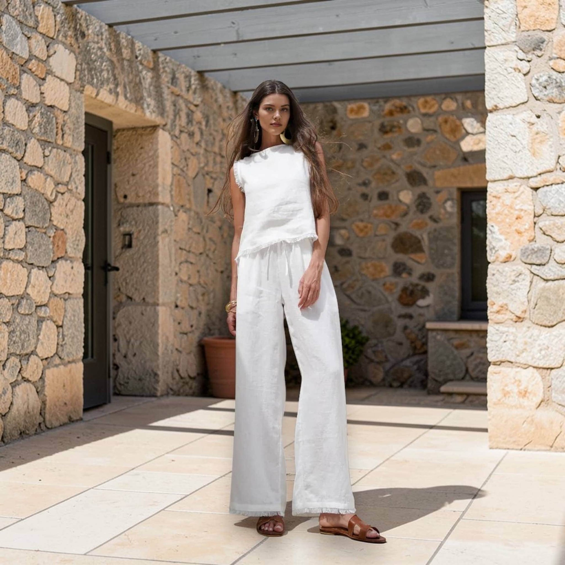 Linen Pants Set, Sleeveless Linen Top And Pants Set