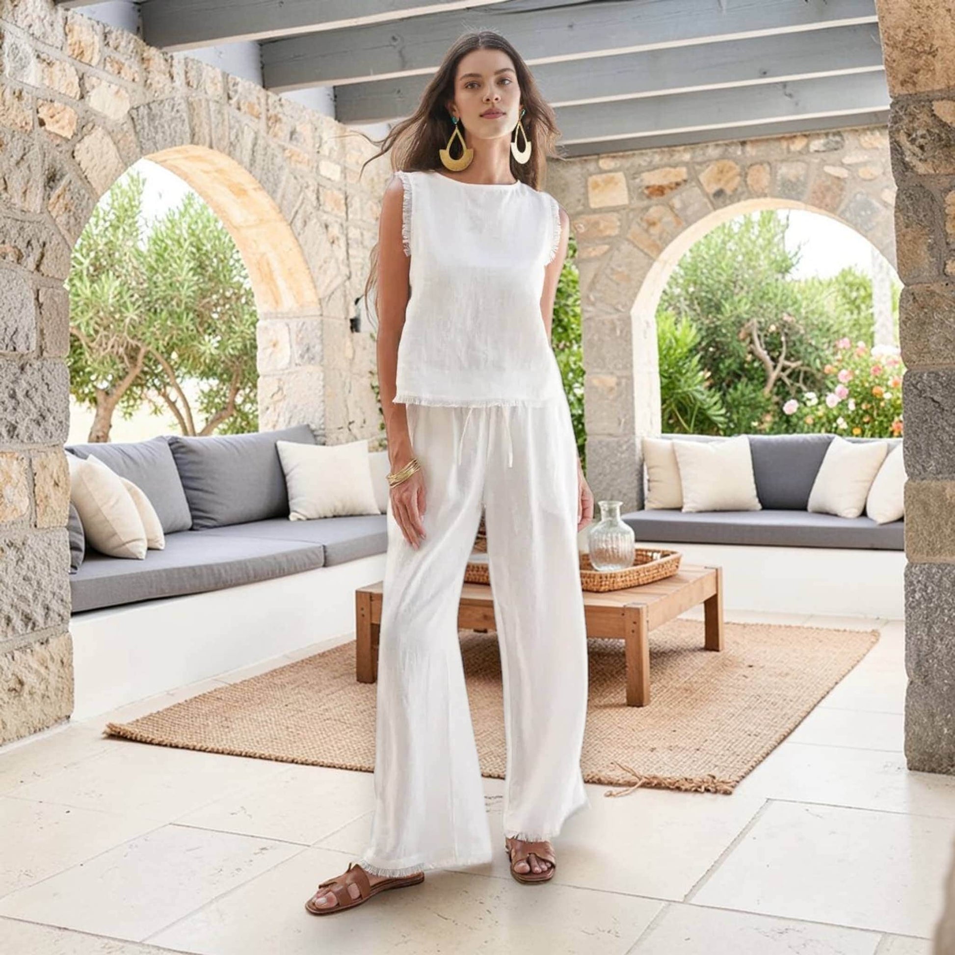 Linen Pants Set, Sleeveless Linen Top And Pants Set