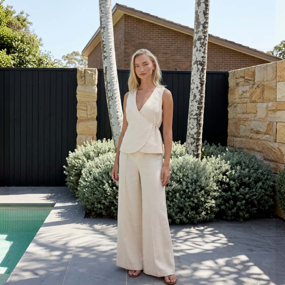 Linen Pants Set, Sleeveless Wrap Top And Wide Leg Pants Set