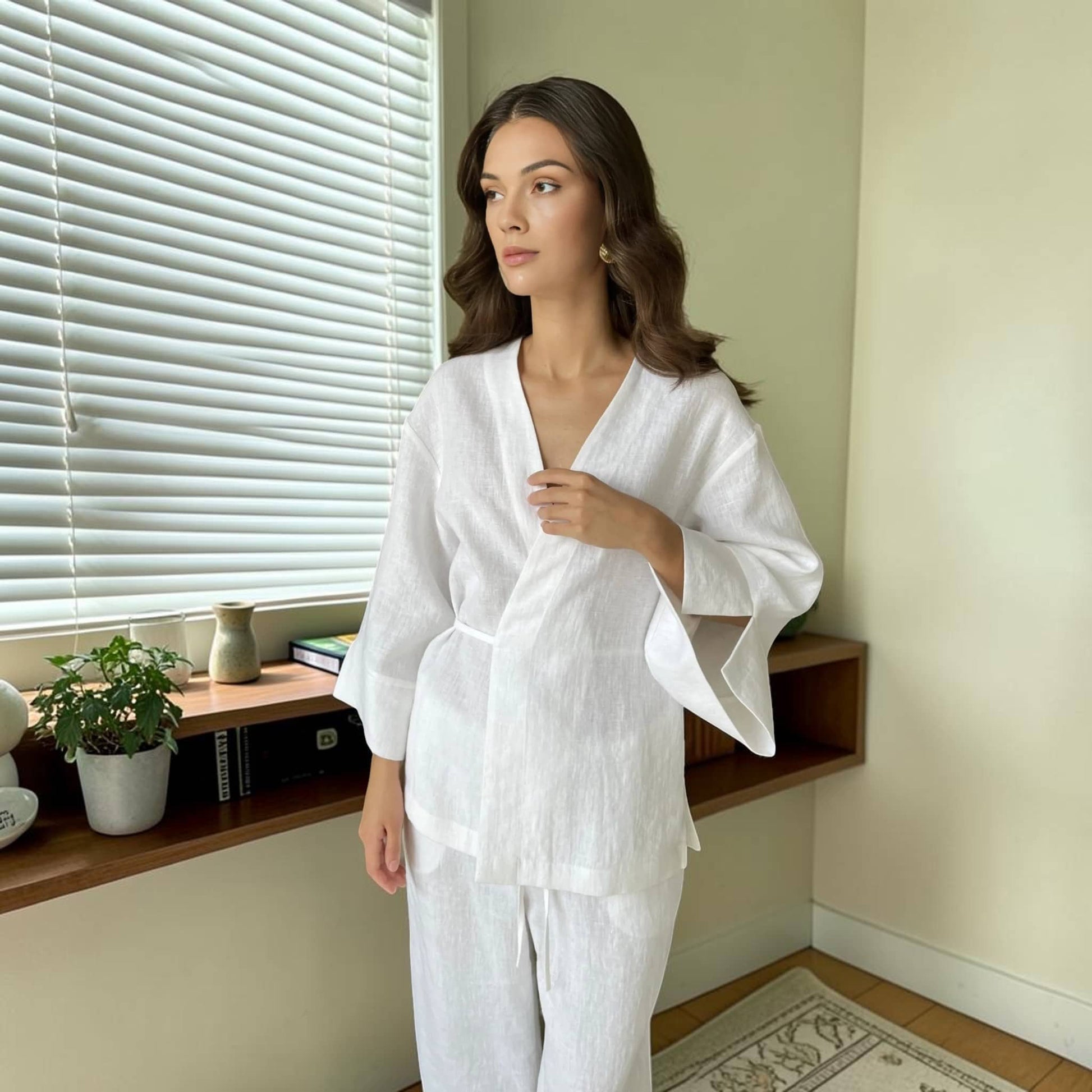 Linen Pants Set, Wrap Kimono Top And Wide Leg Pants