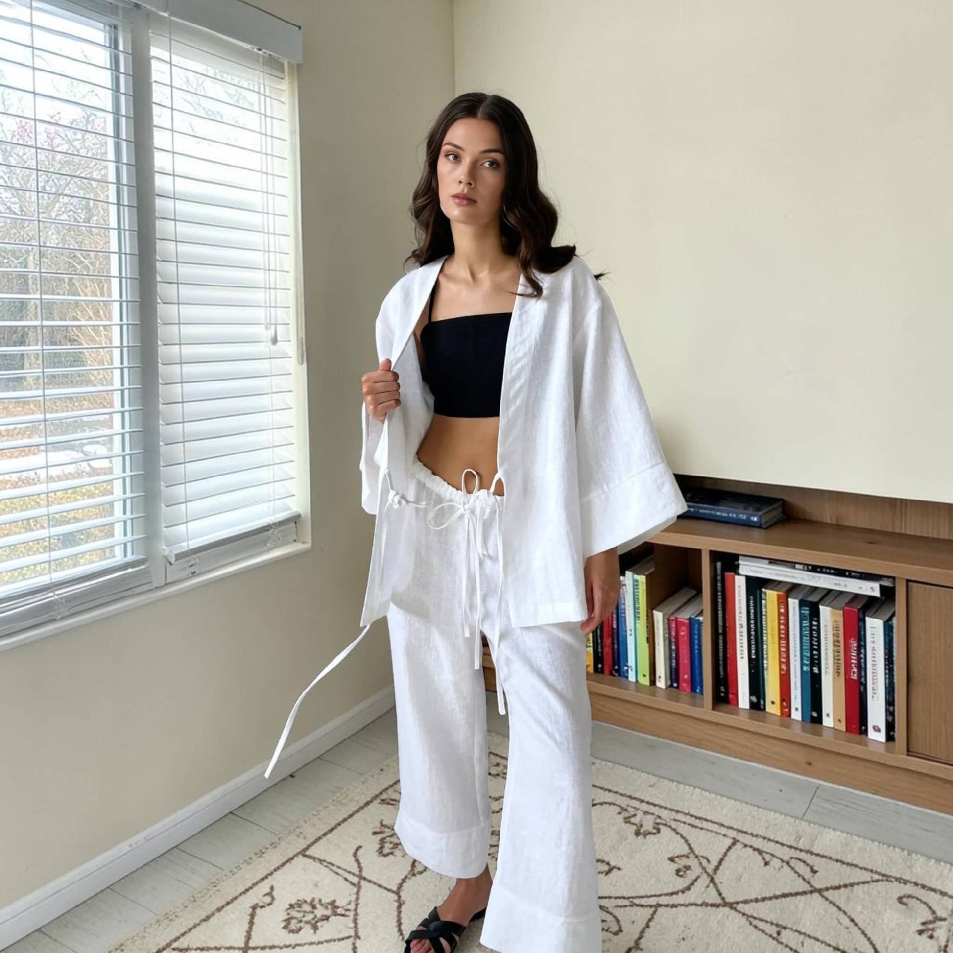 Linen Pants Set, Wrap Kimono Top And Wide Leg Pants