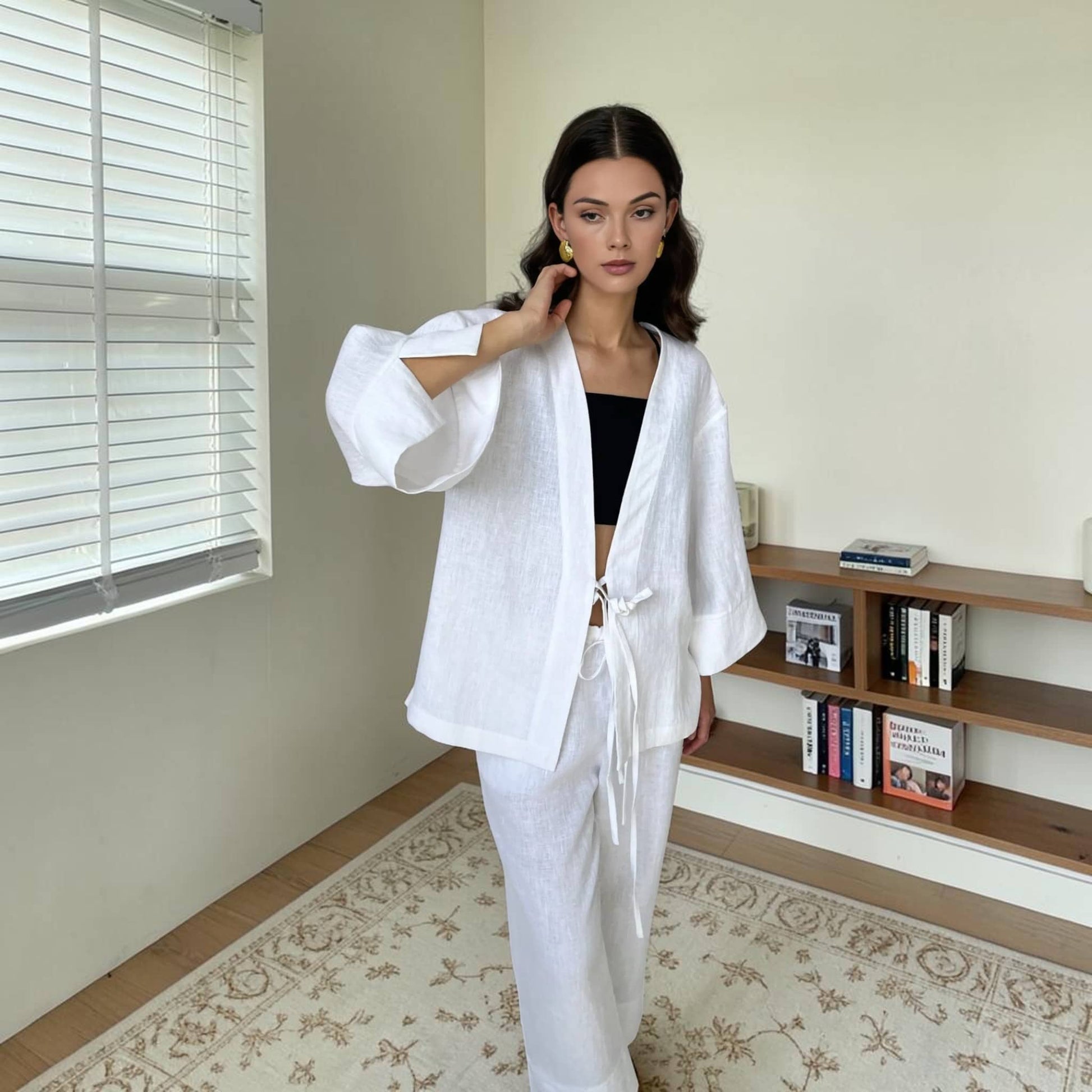 Linen Pants Set, Wrap Kimono Top And Wide Leg Pants
