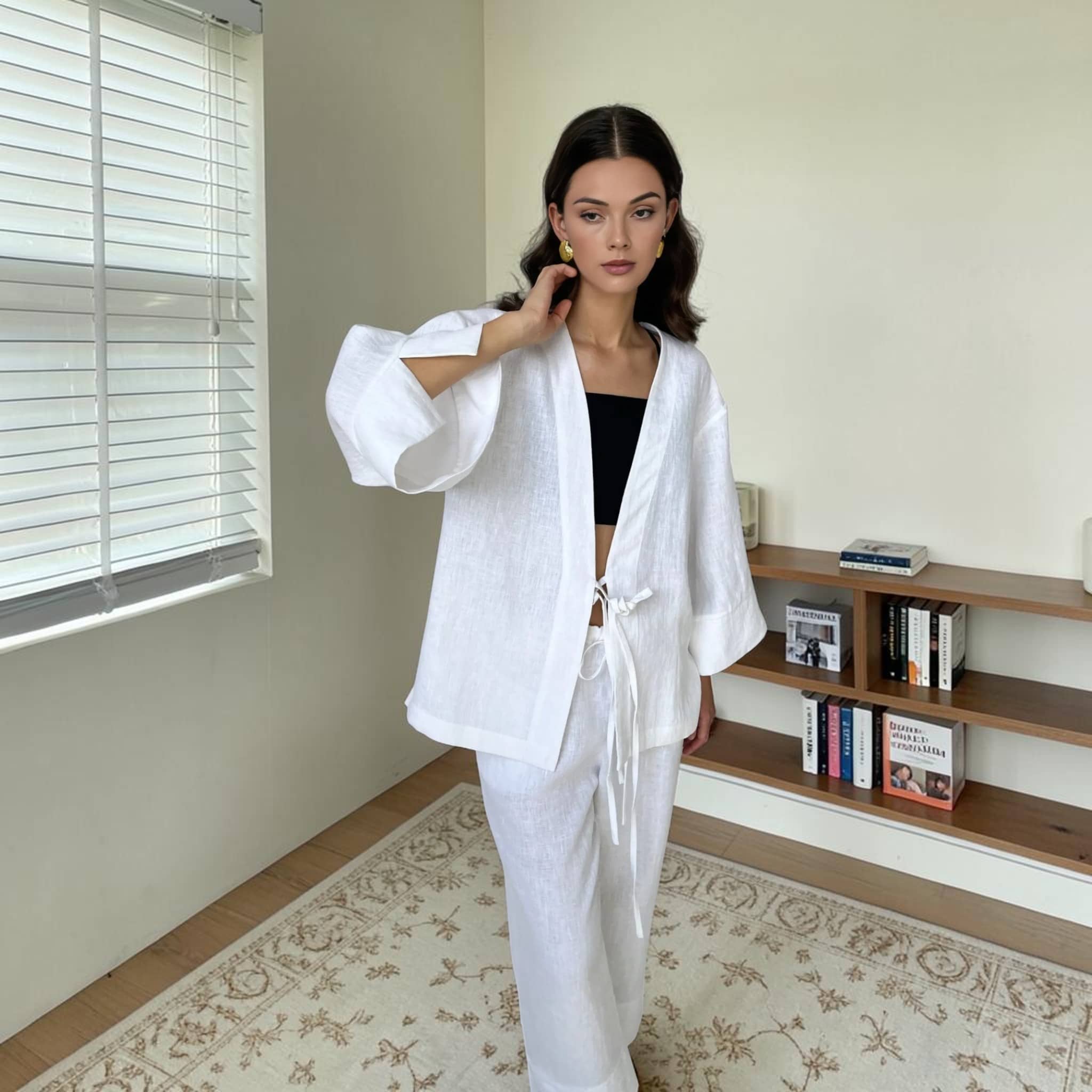 Linen Pants Set, Wrap Kimono Top And Wide Leg Pants