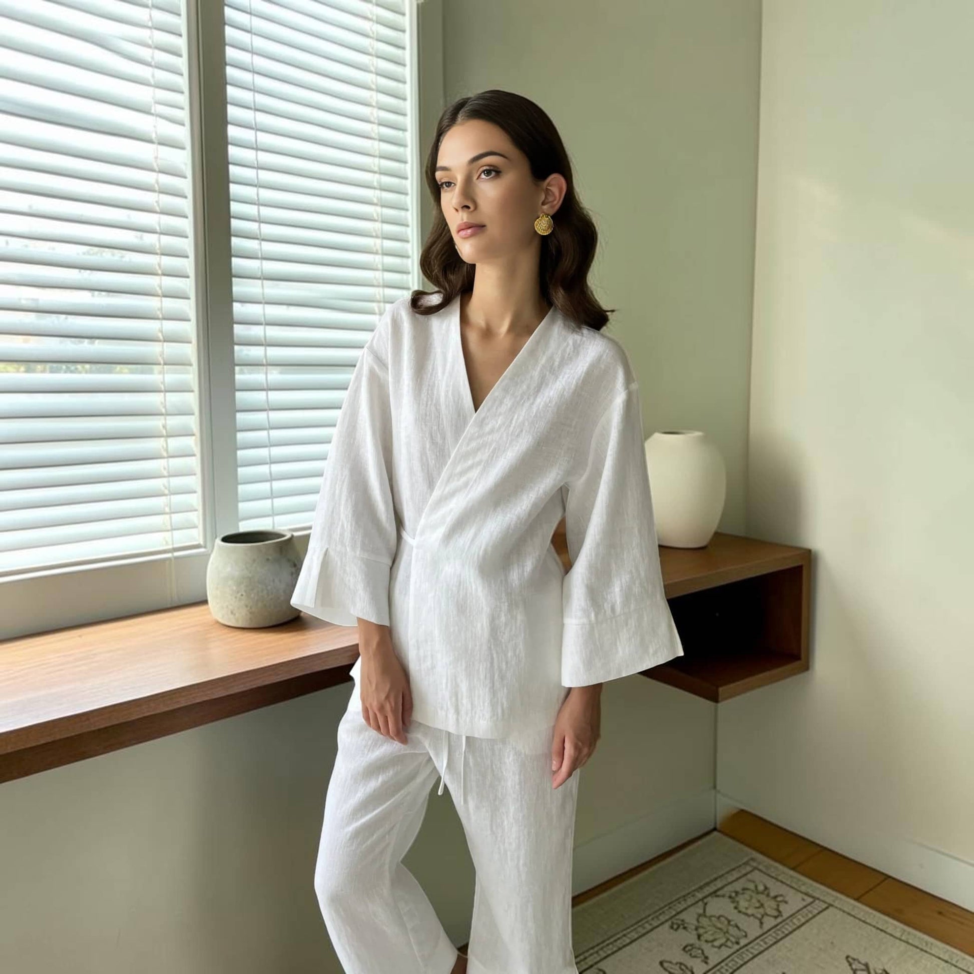 Linen Pants Set, Wrap Kimono Top And Wide Leg Pants