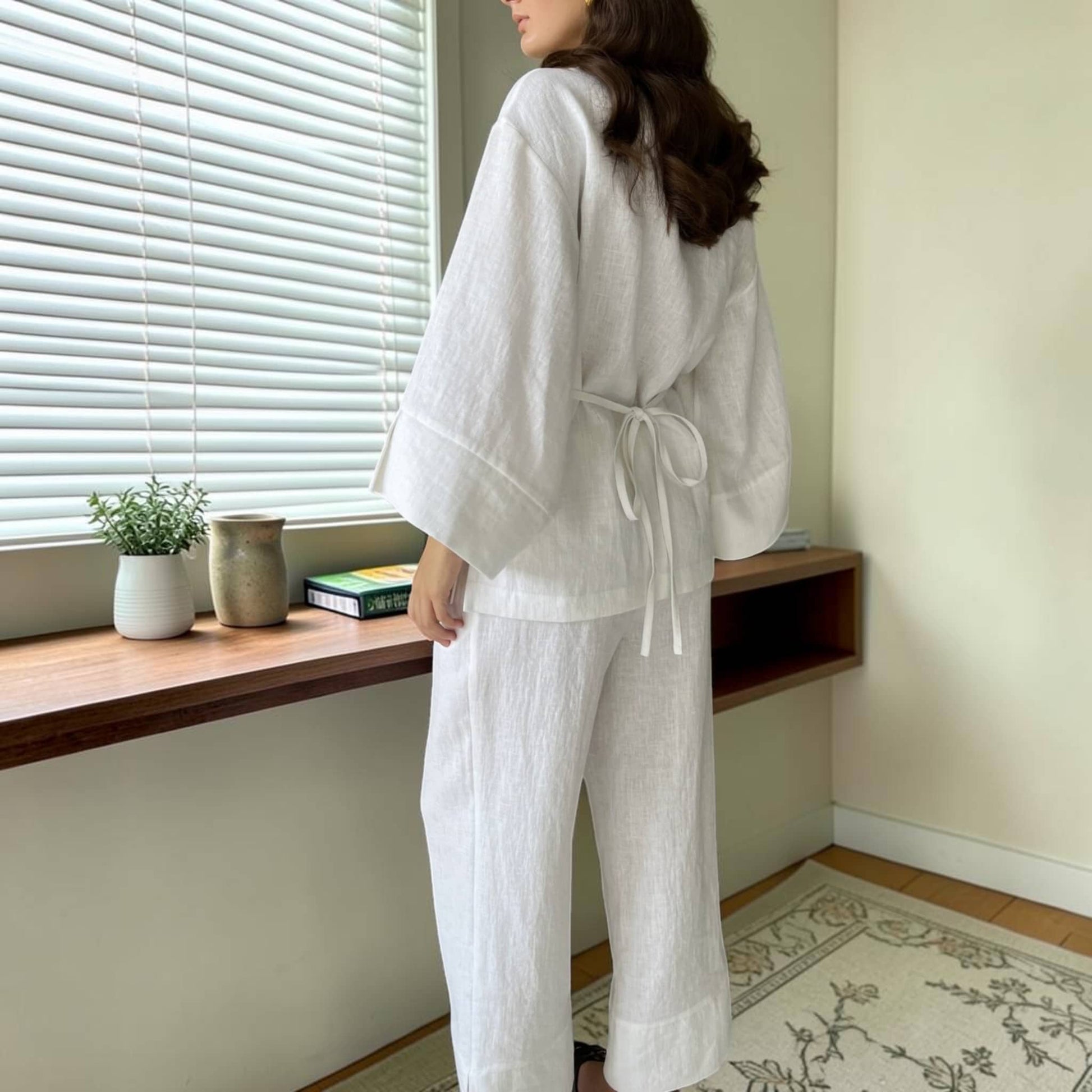 Linen Pants Set, Wrap Kimono Top And Wide Leg Pants