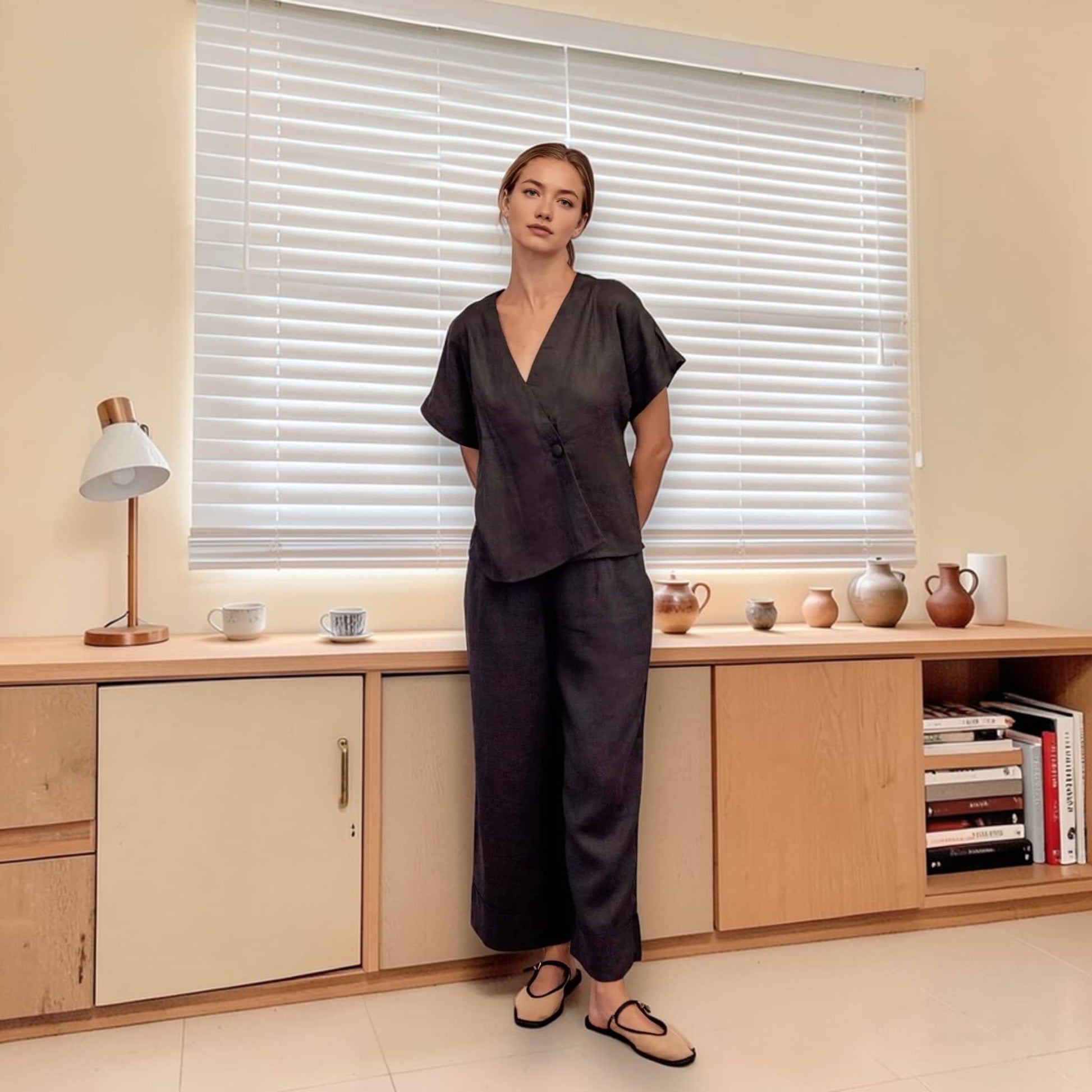 Linen Pants Set, Wrap Linen Top And Pant Set