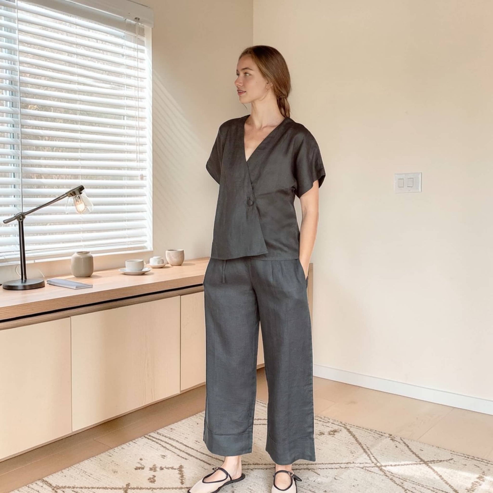 Linen Pants Set, Wrap Linen Top And Pant Set