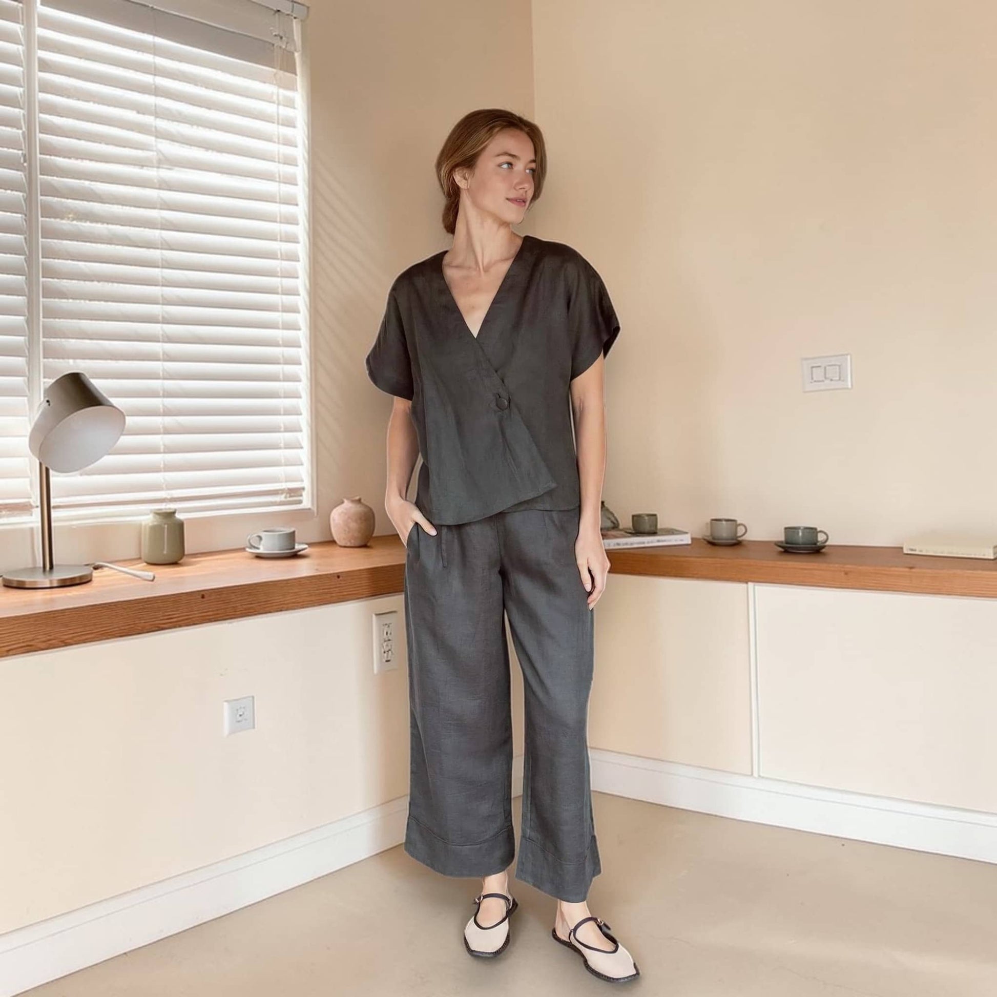 Linen Pants Set, Wrap Linen Top And Pant Set