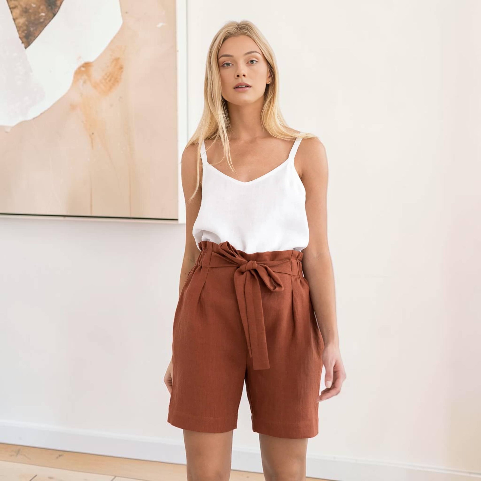 Linen Paperbag Shorts, Tie Waist Side Pocket