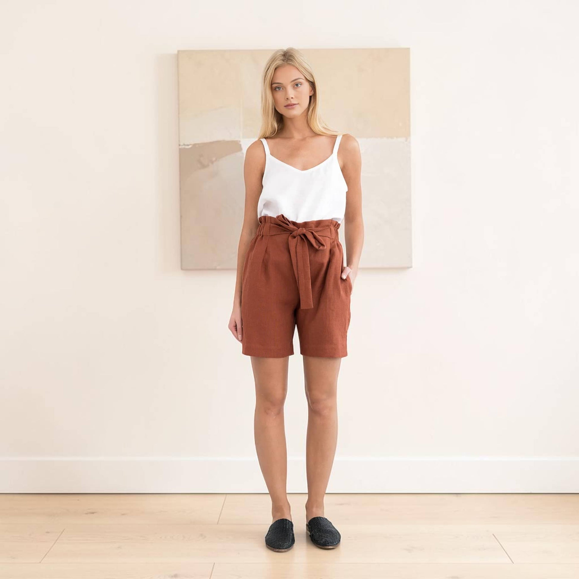 Linen Paperbag Shorts, Tie Waist Side Pocket