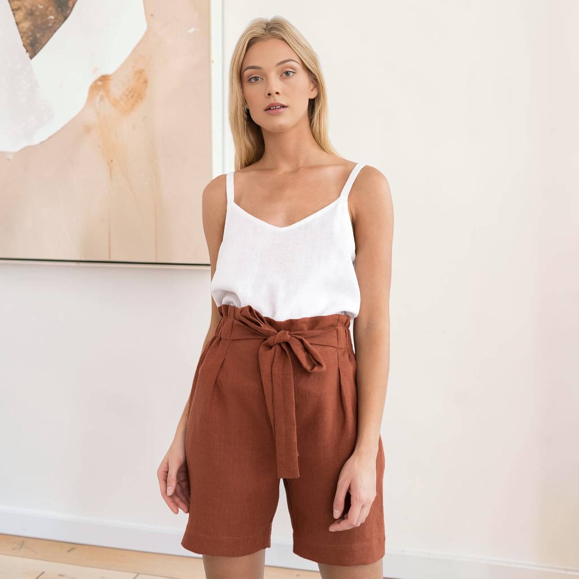 Linen Paperbag Shorts, Tie Waist Side Pocket