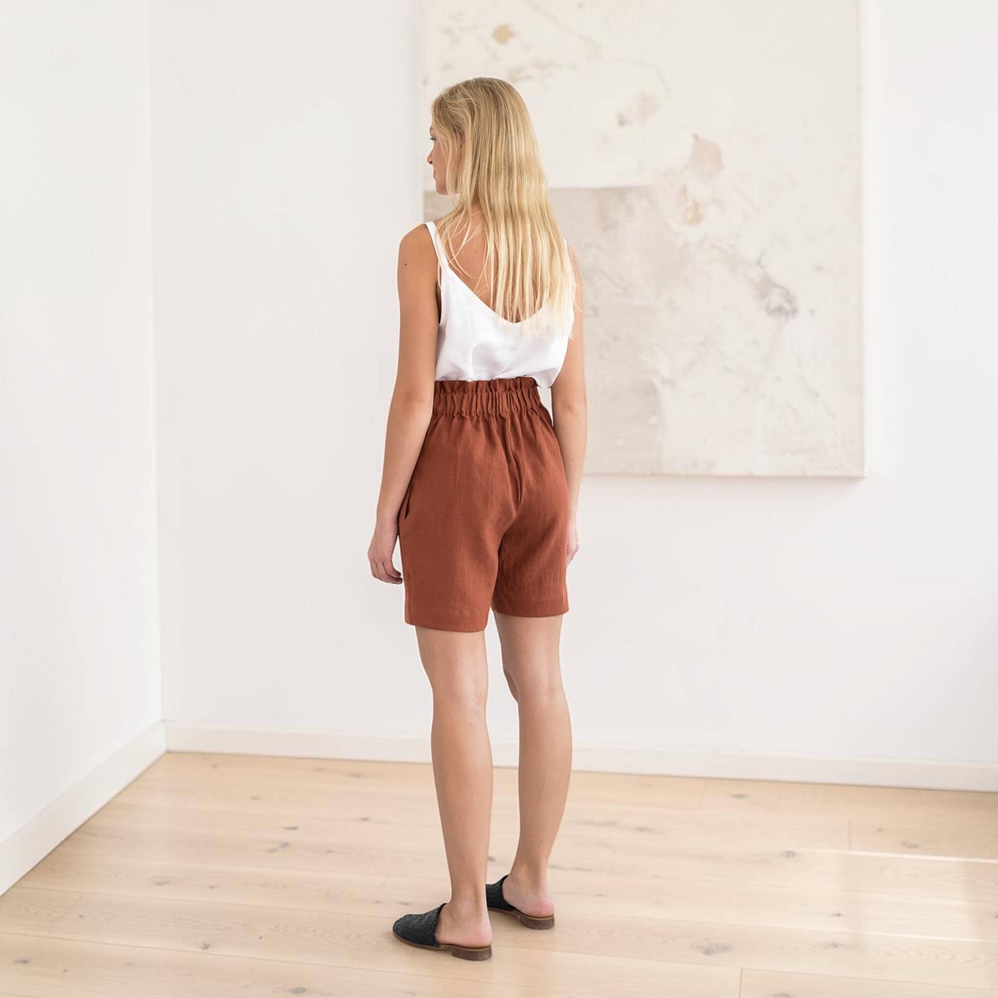 Linen Paperbag Shorts, Tie Waist Side Pocket