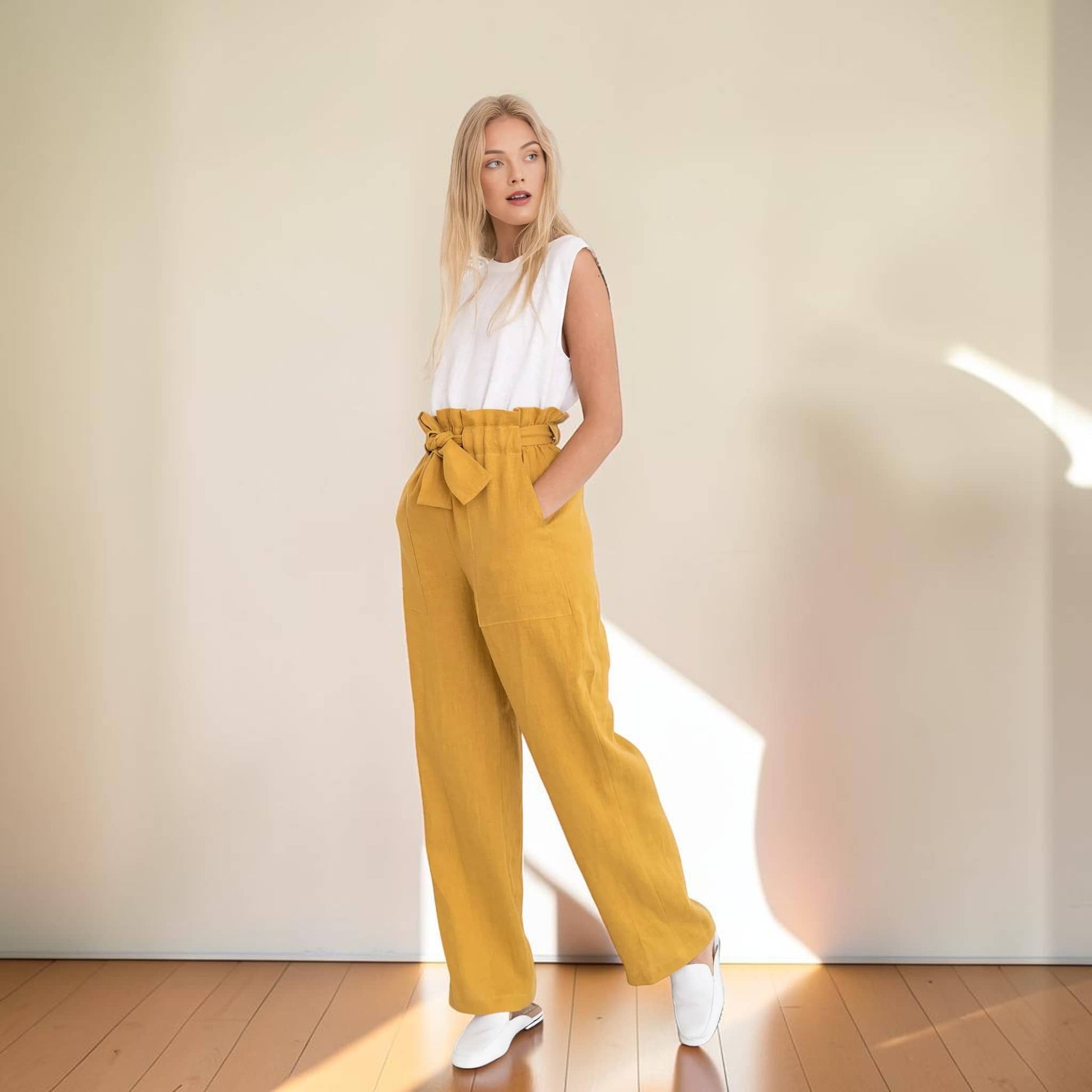 Linen Paperbag Wide Leg Pants, Tie Waist Side Pockets