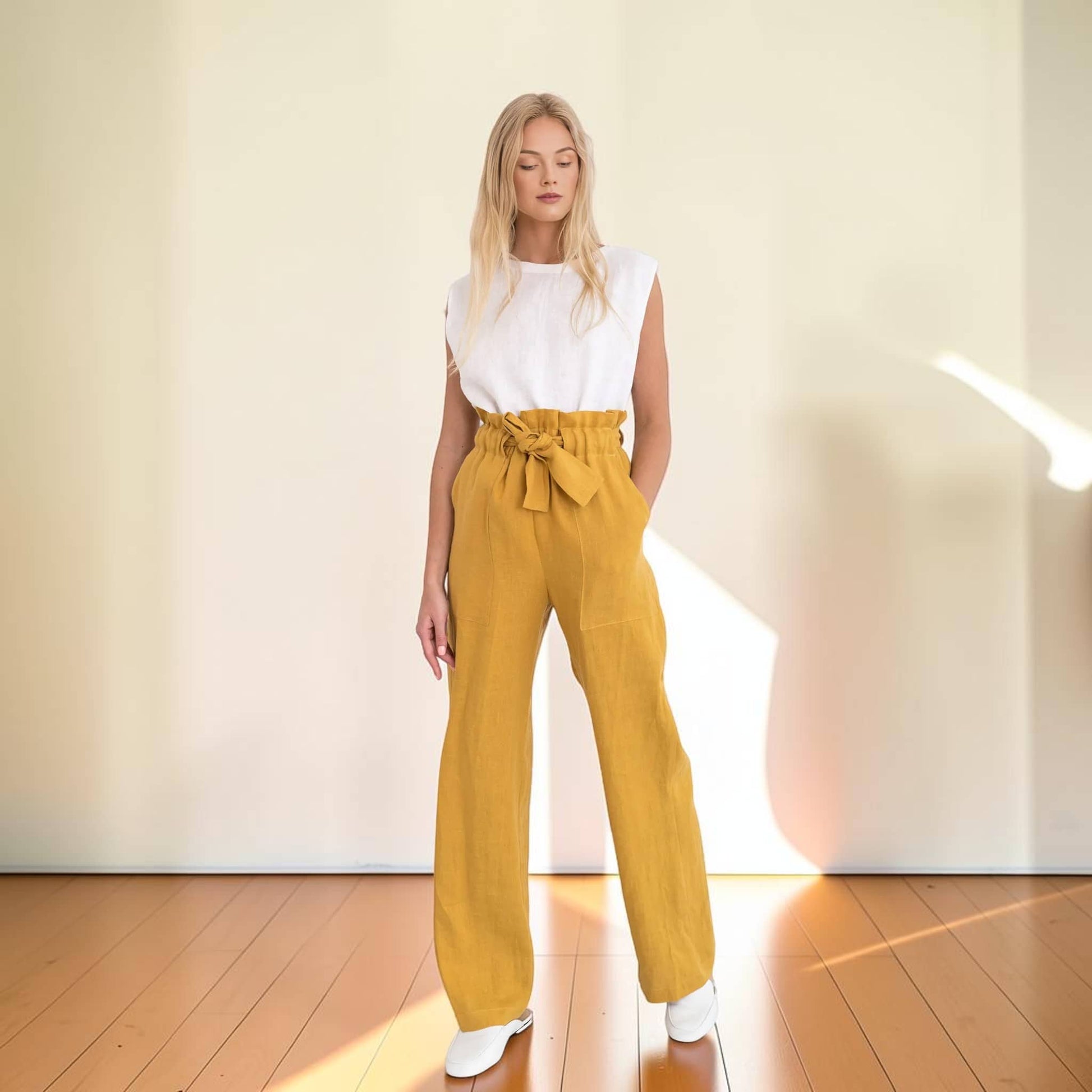 Linen Paperbag Wide Leg Pants, Tie Waist Side Pockets