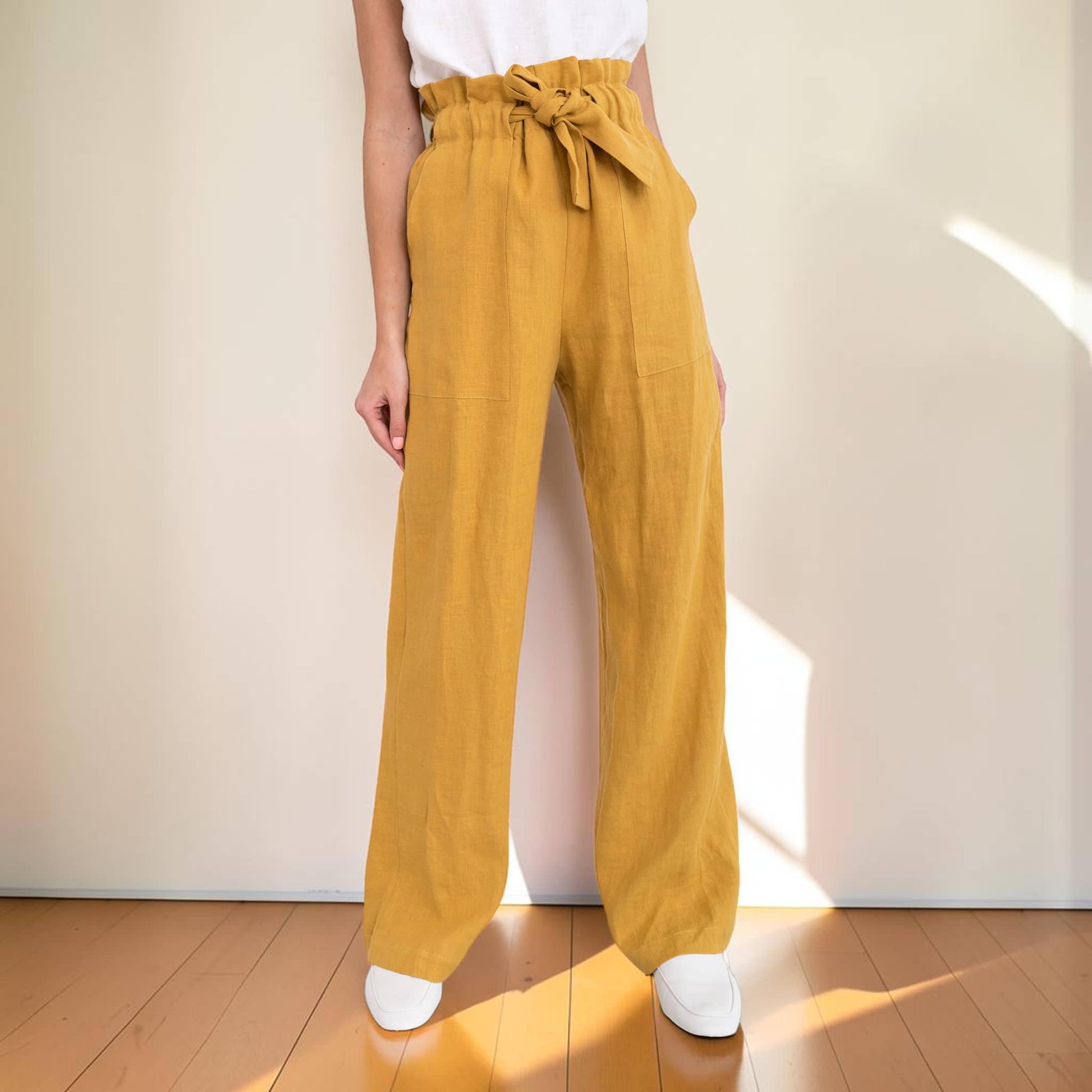 Linen Paperbag Wide Leg Pants, Tie Waist Side Pockets
