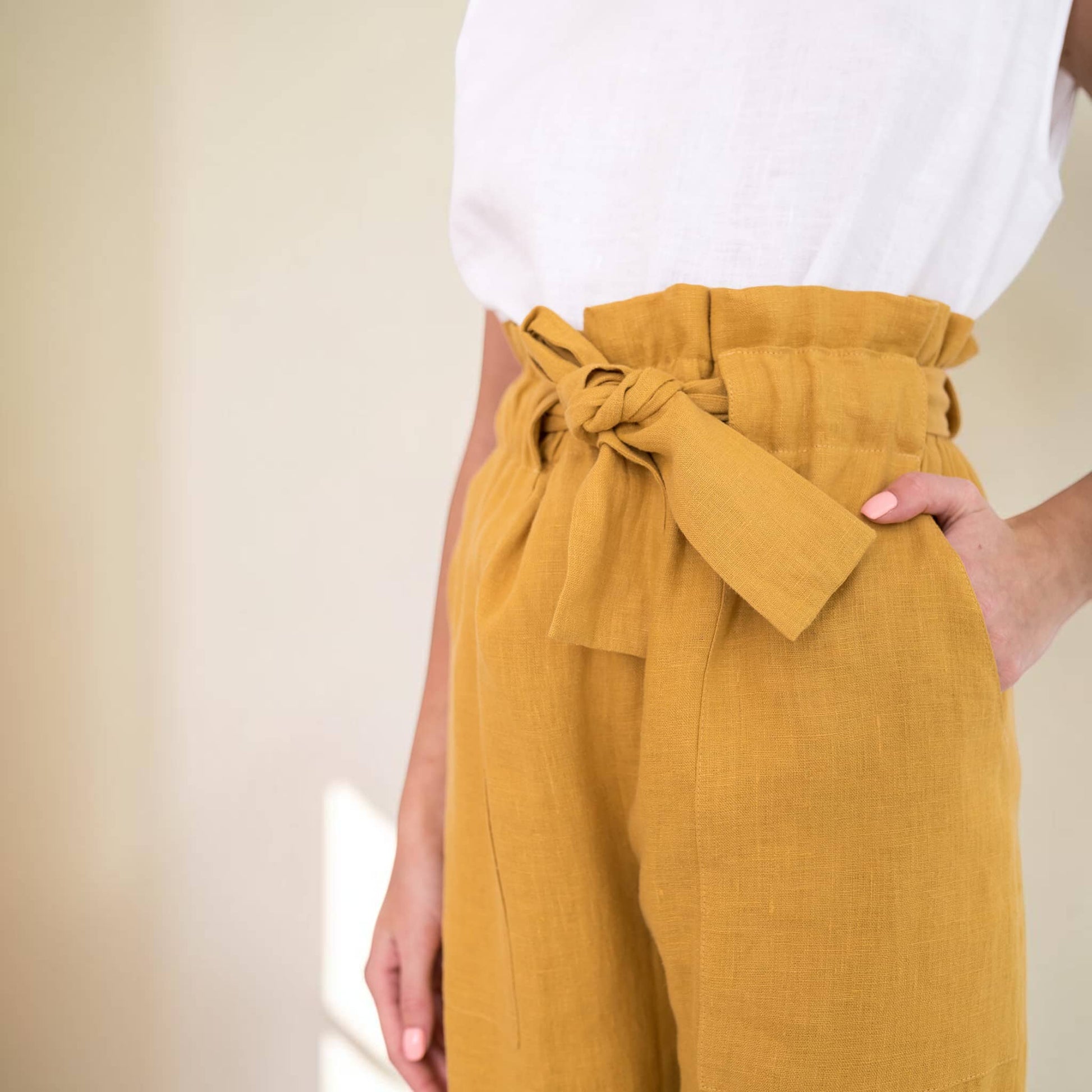 Linen Paperbag Wide Leg Pants, Tie Waist Side Pockets