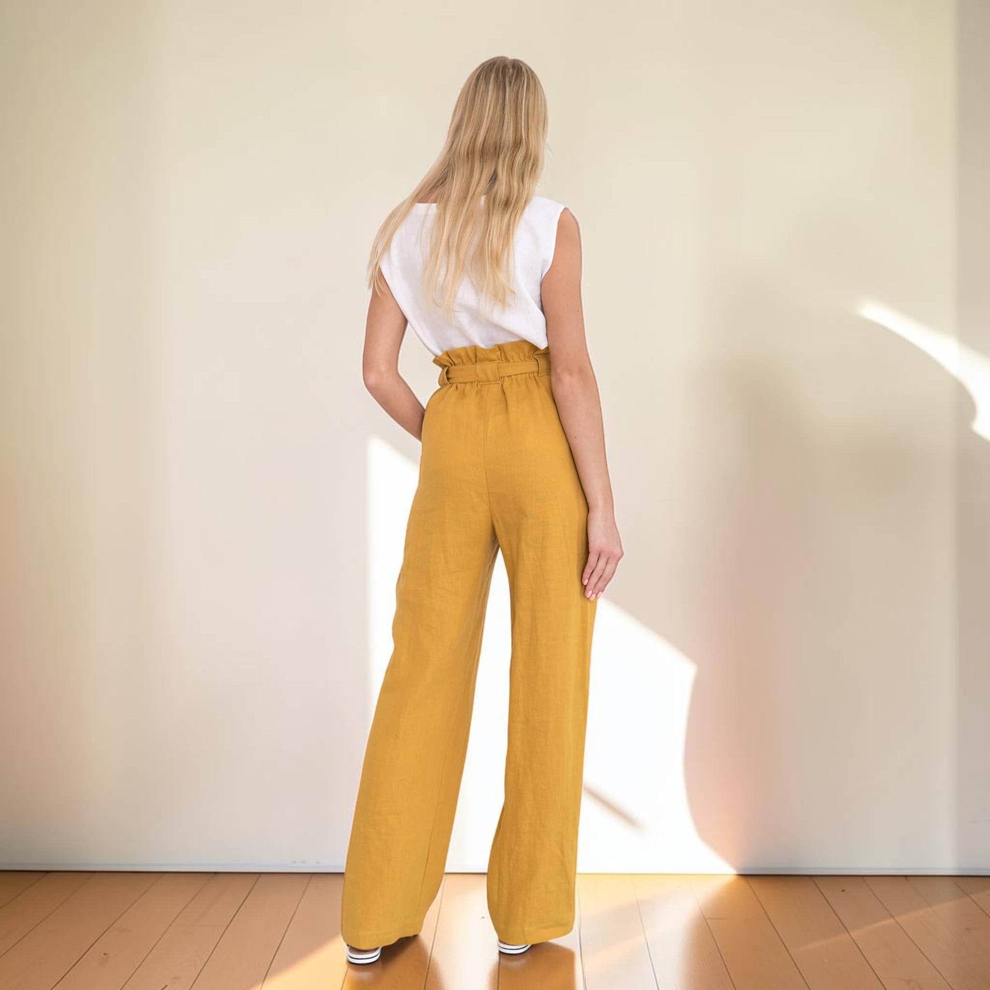 Linen Paperbag Wide Leg Pants, Tie Waist Side Pockets