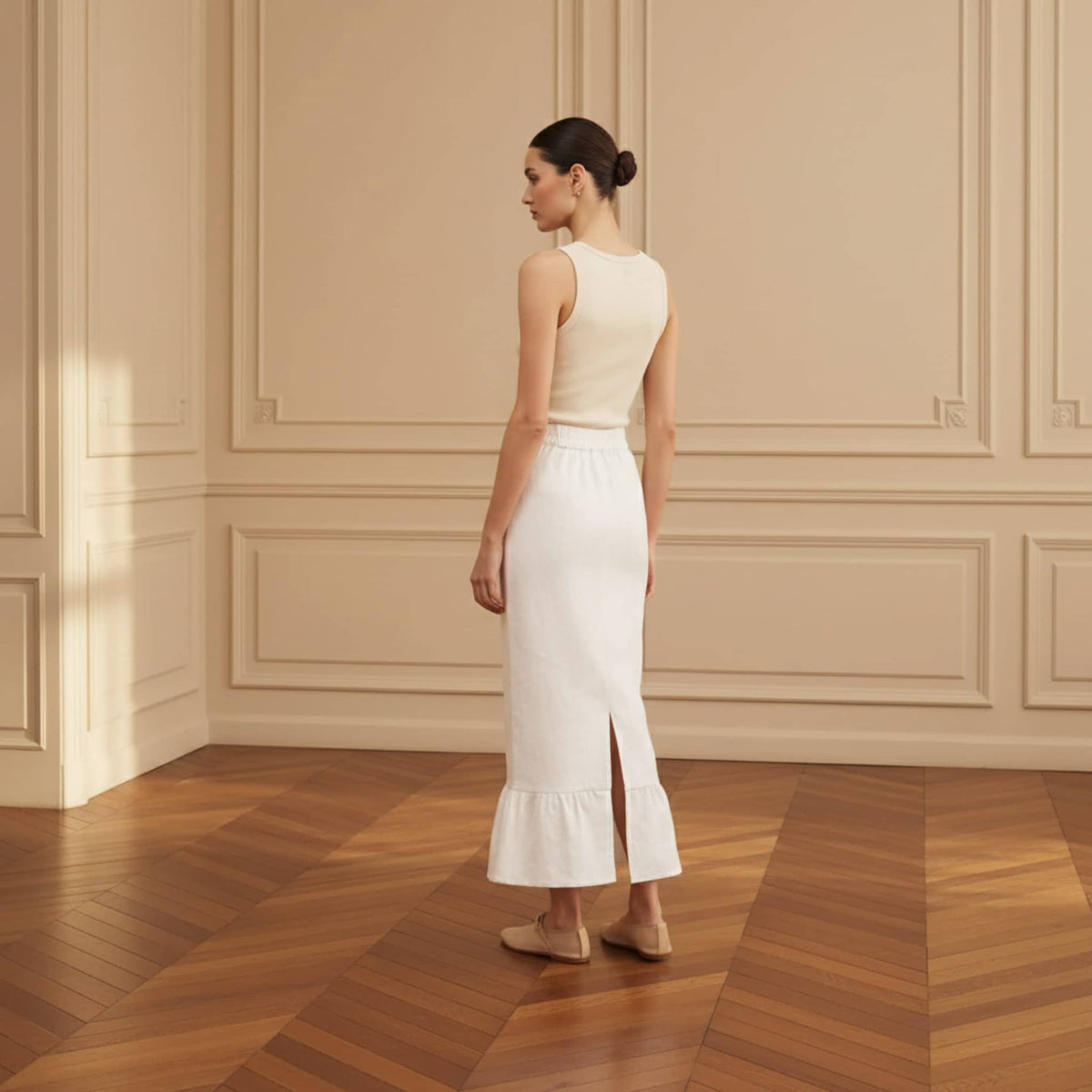 Linen Pencil Midi Skirt, High-Waisted Ruffle-Hem Skirt