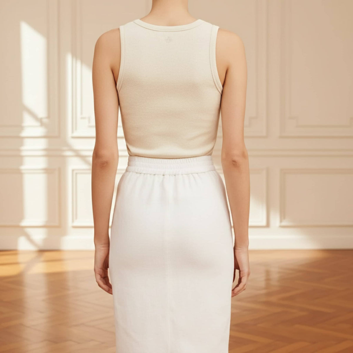 Linen Pencil Midi Skirt, High-Waisted Ruffle-Hem Skirt
