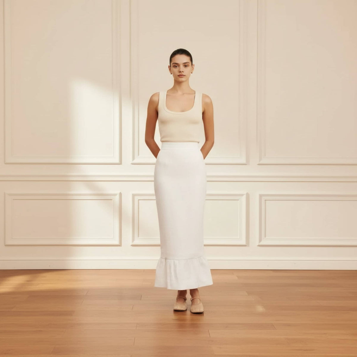 Linen Pencil Midi Skirt, High-Waisted Ruffle-Hem Skirt