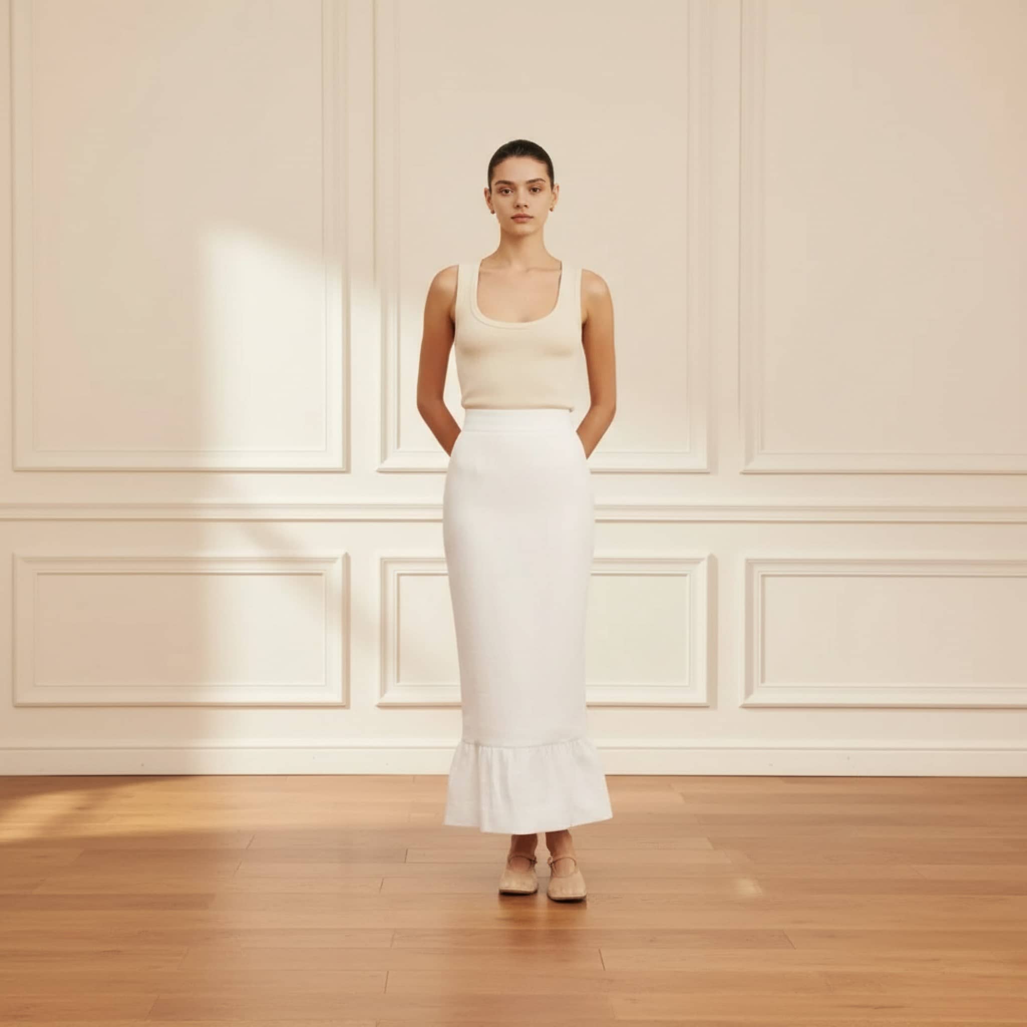 Linen Pencil Midi Skirt, High-Waisted Ruffle-Hem Skirt