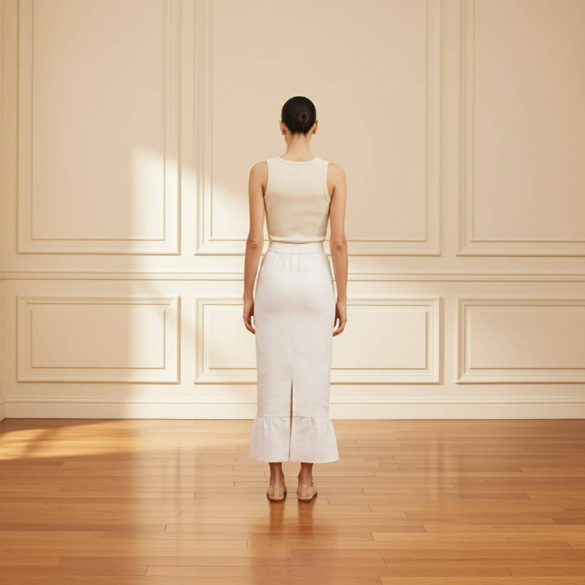 Linen Pencil Midi Skirt, High-Waisted Ruffle-Hem Skirt