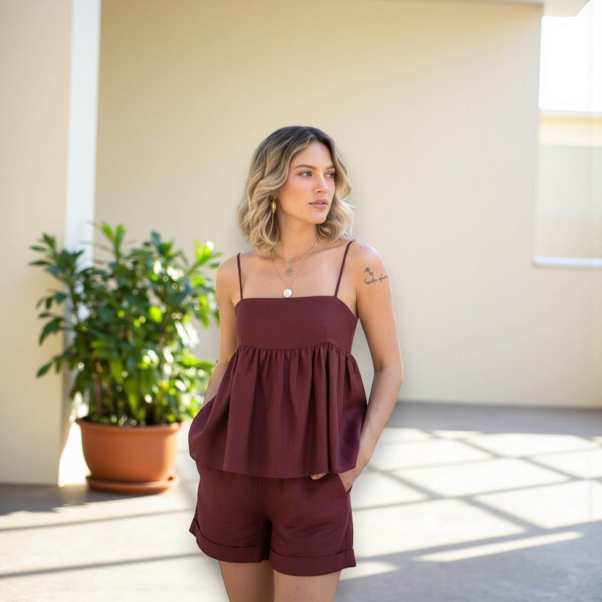 Linen Peplum Cami Top, Linen Tie Back Cami Top