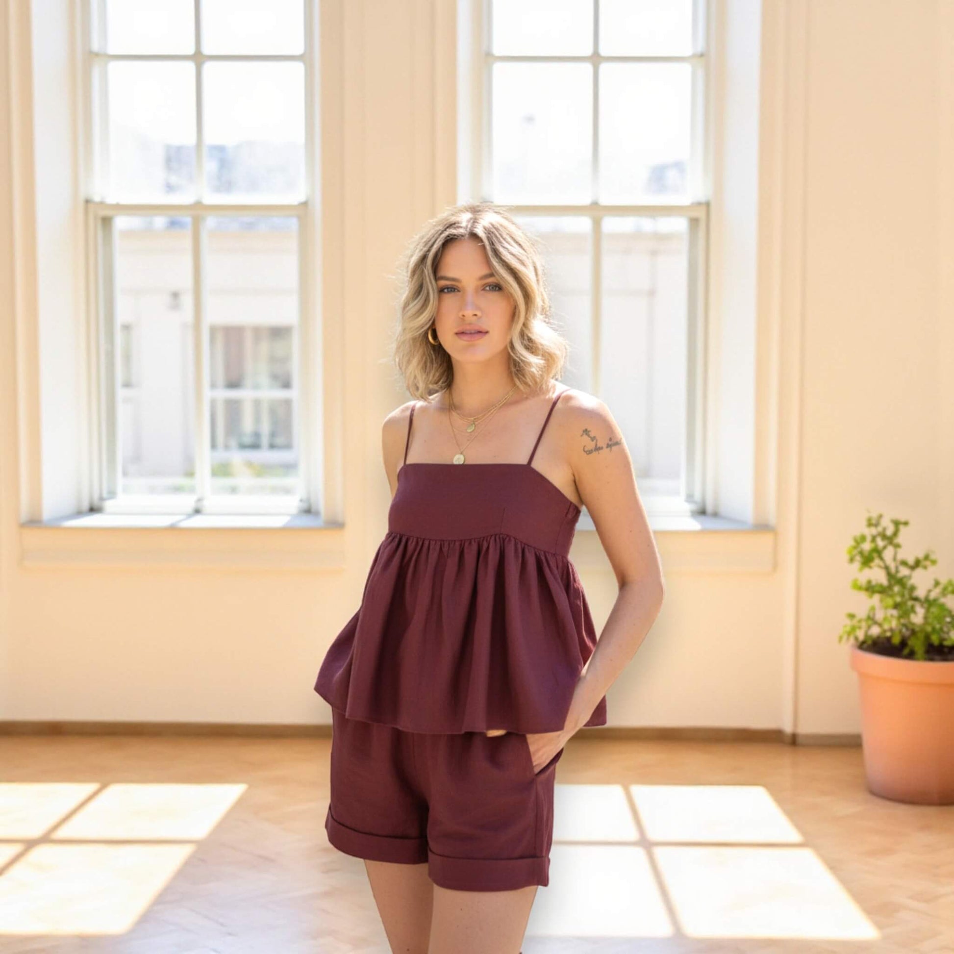Linen Peplum Cami Top, Linen Tie Back Cami Top