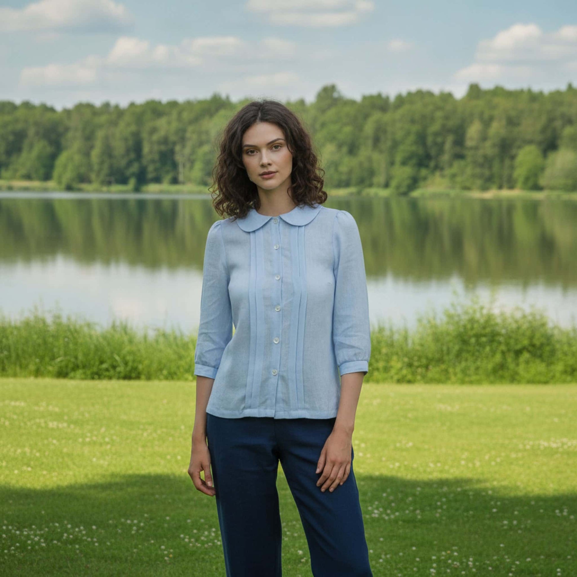 Linen Peter Pan Collar Shirt, 3/4 Sleeves