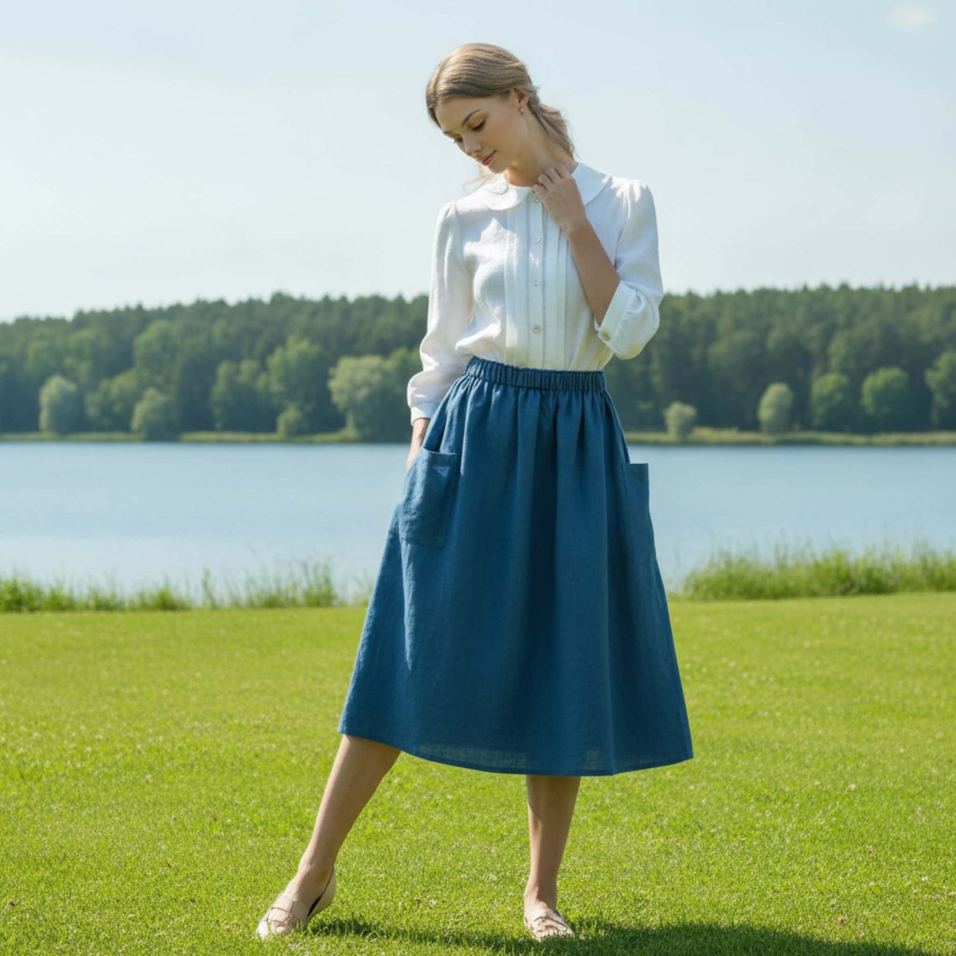 Linen Peter Pan Collar Shirt, 3/4 Sleeves