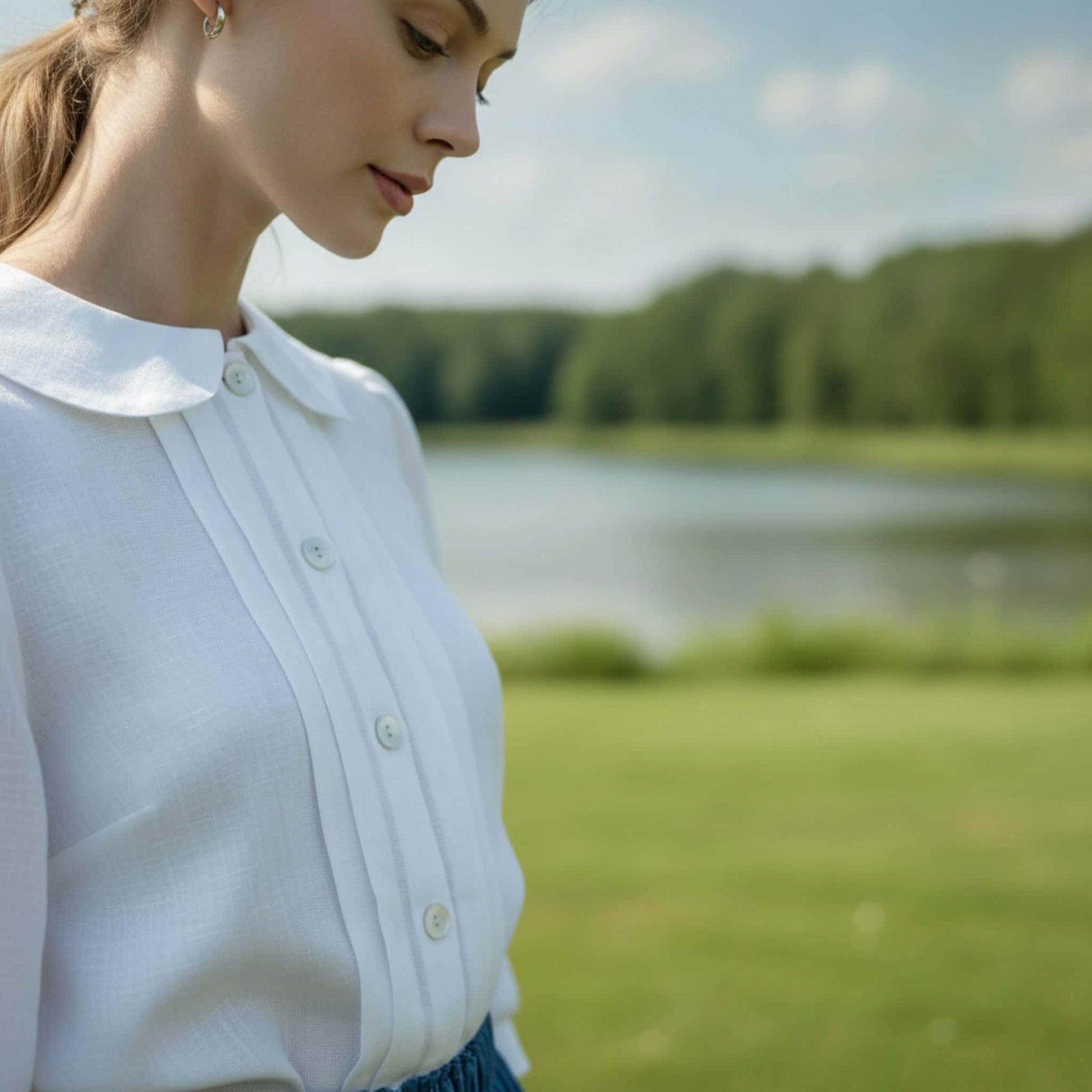 Linen Peter Pan Collar Shirt, 3/4 Sleeves