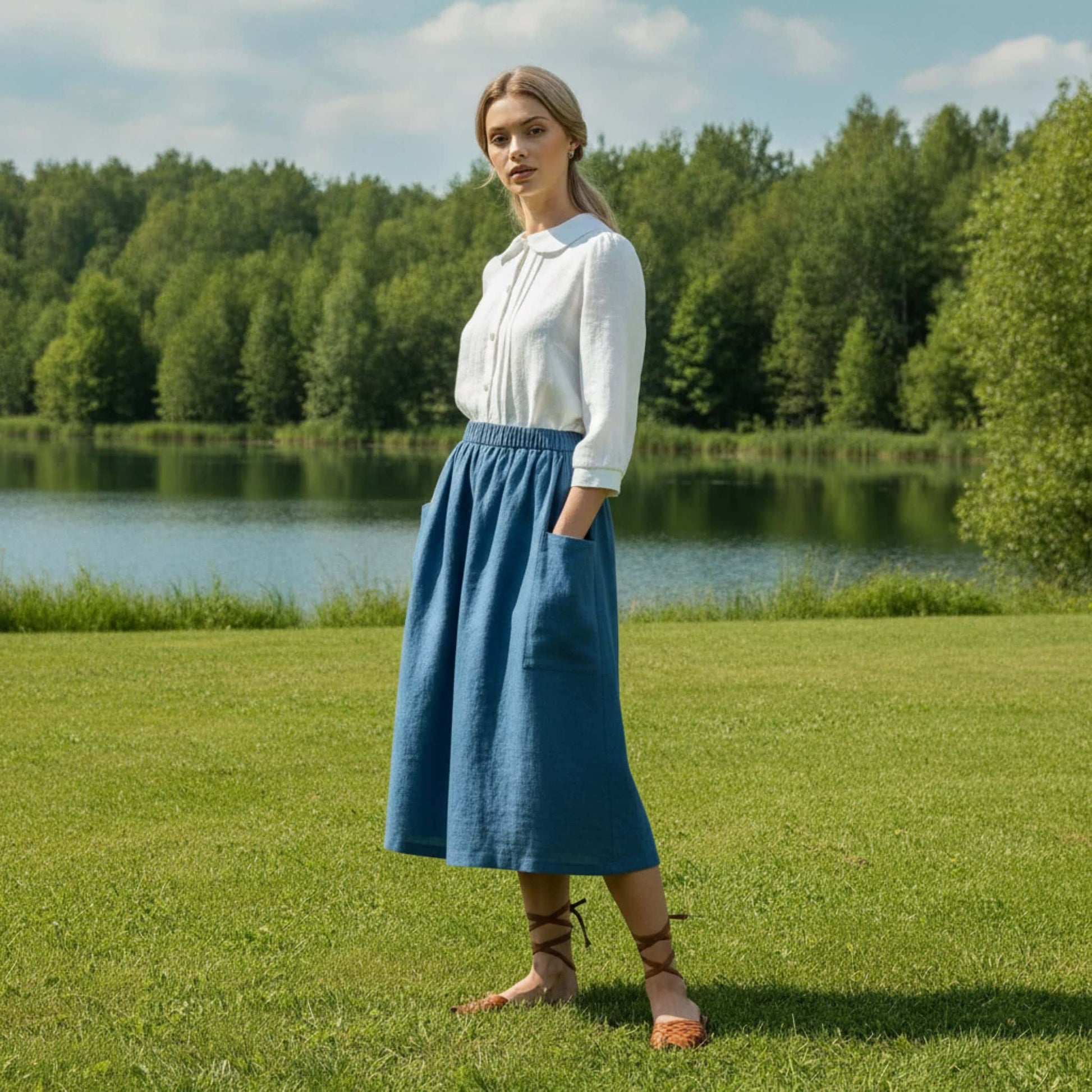 Linen Peter Pan Collar Shirt, 3/4 Sleeves