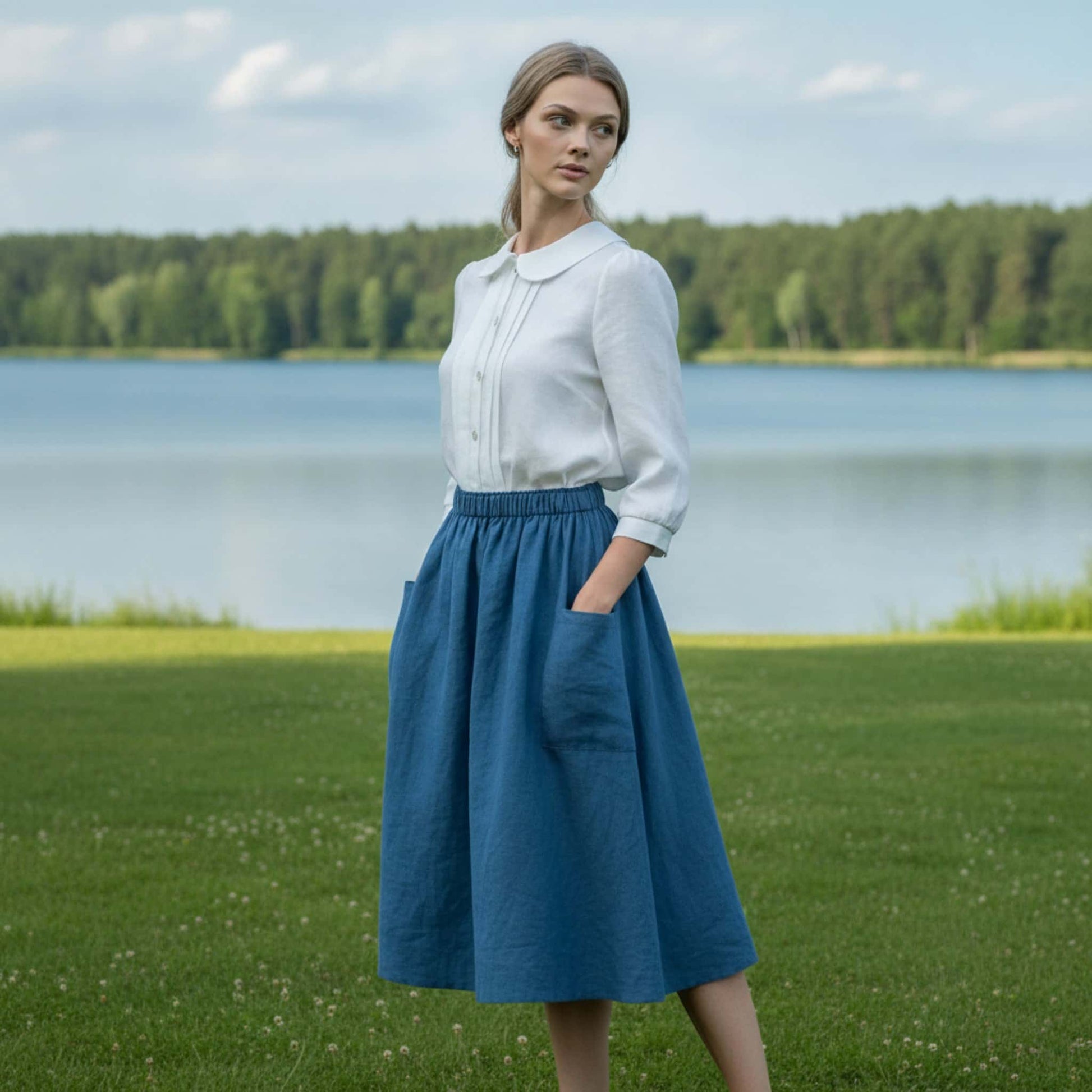 Linen Peter Pan Collar Shirt, 3/4 Sleeves